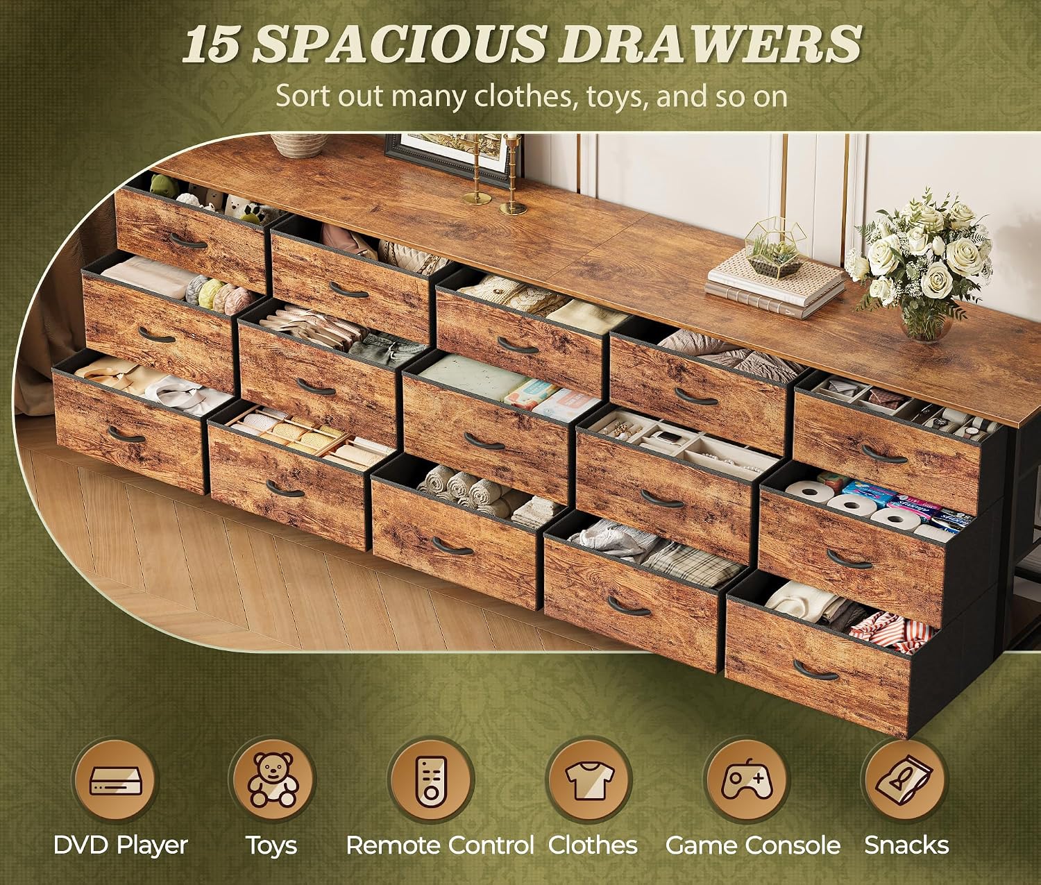 Huuger 78.7 inch Long Dresser for Bedroom, 15 Drawer Fabric Dresser for Closet, Large TV Stand for 65, 75, 85 inch TV, Wide Chest of Drawer with Storage, 78.7' W x 12.9' D x 26.7' H, Rustic Brown