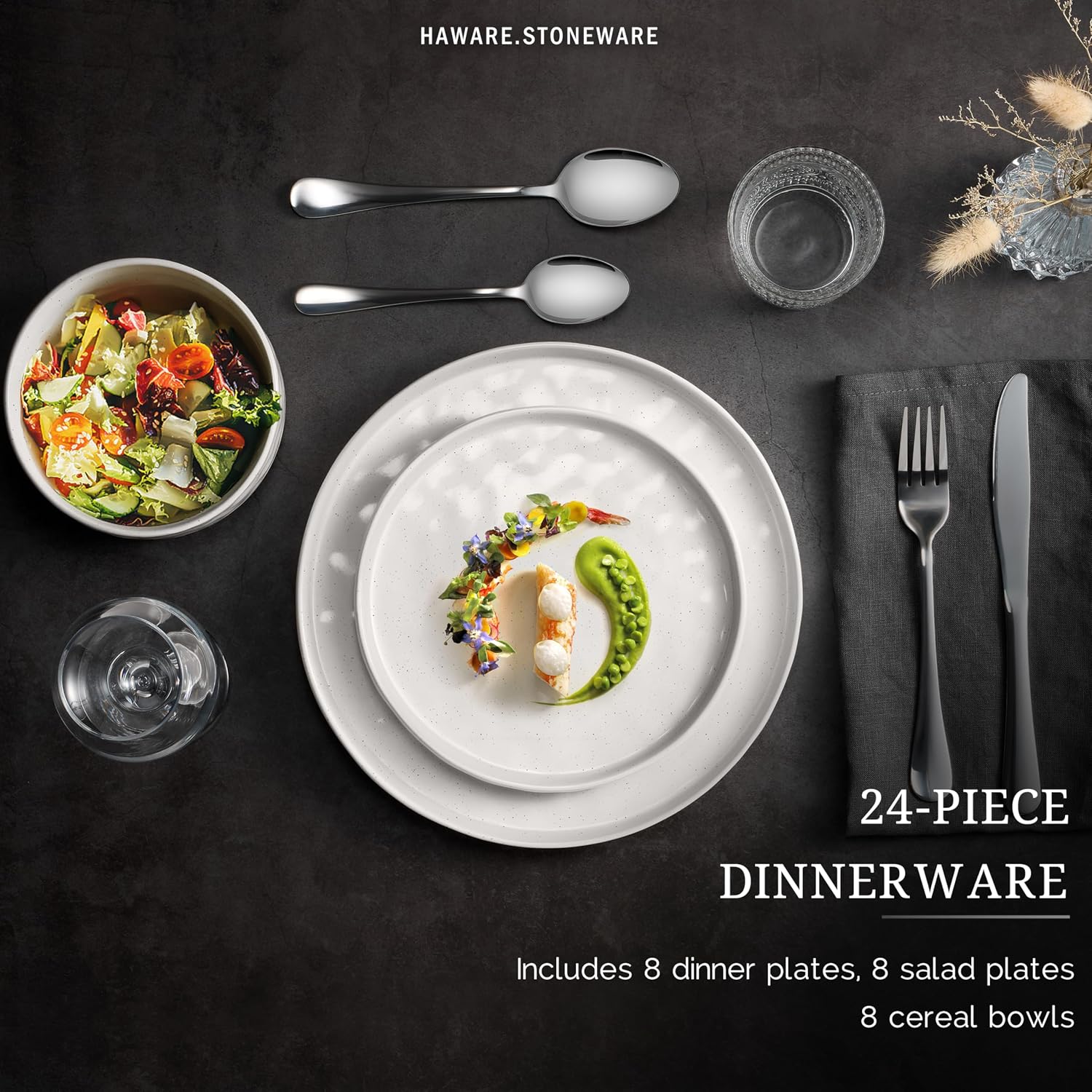 HaWare Dinnerware Sets, 24-Piece Plates and Bowls Set, Stoneware Dish Set for 8, Ceramic Dinnerware for Home Restaurant, Chip and Scratch Resistant, Microwave and Dishwasher Safe, Speckled White