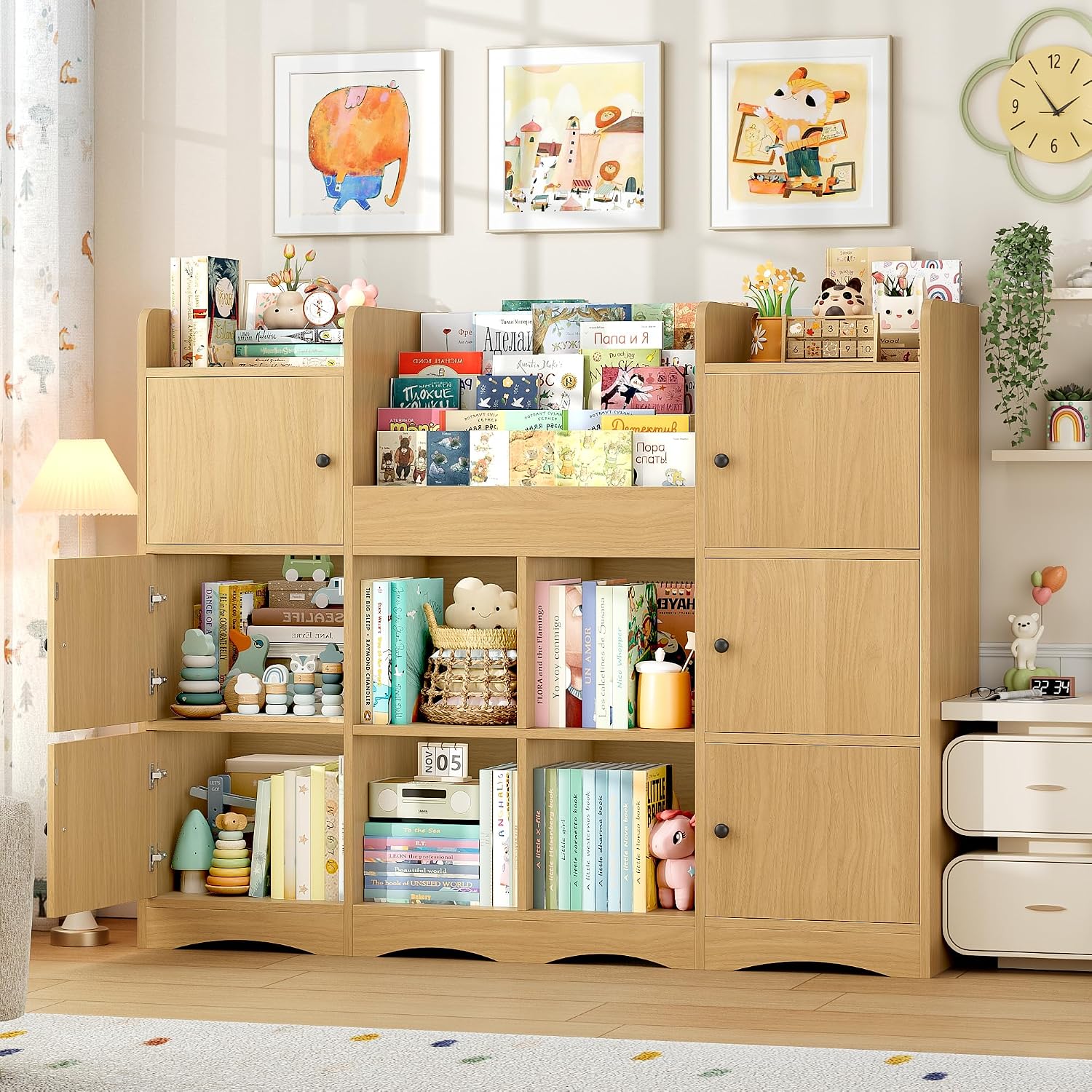 FINETONES Toy Shelf and Toy Storage, 55' Large Kids Bookshelf Toy Organizers and Storage with 10 Cubbies and 4 Tier Shelf, Toy Organizer and Chest with Raised-Edge Top Shelf for Playroom, Natural