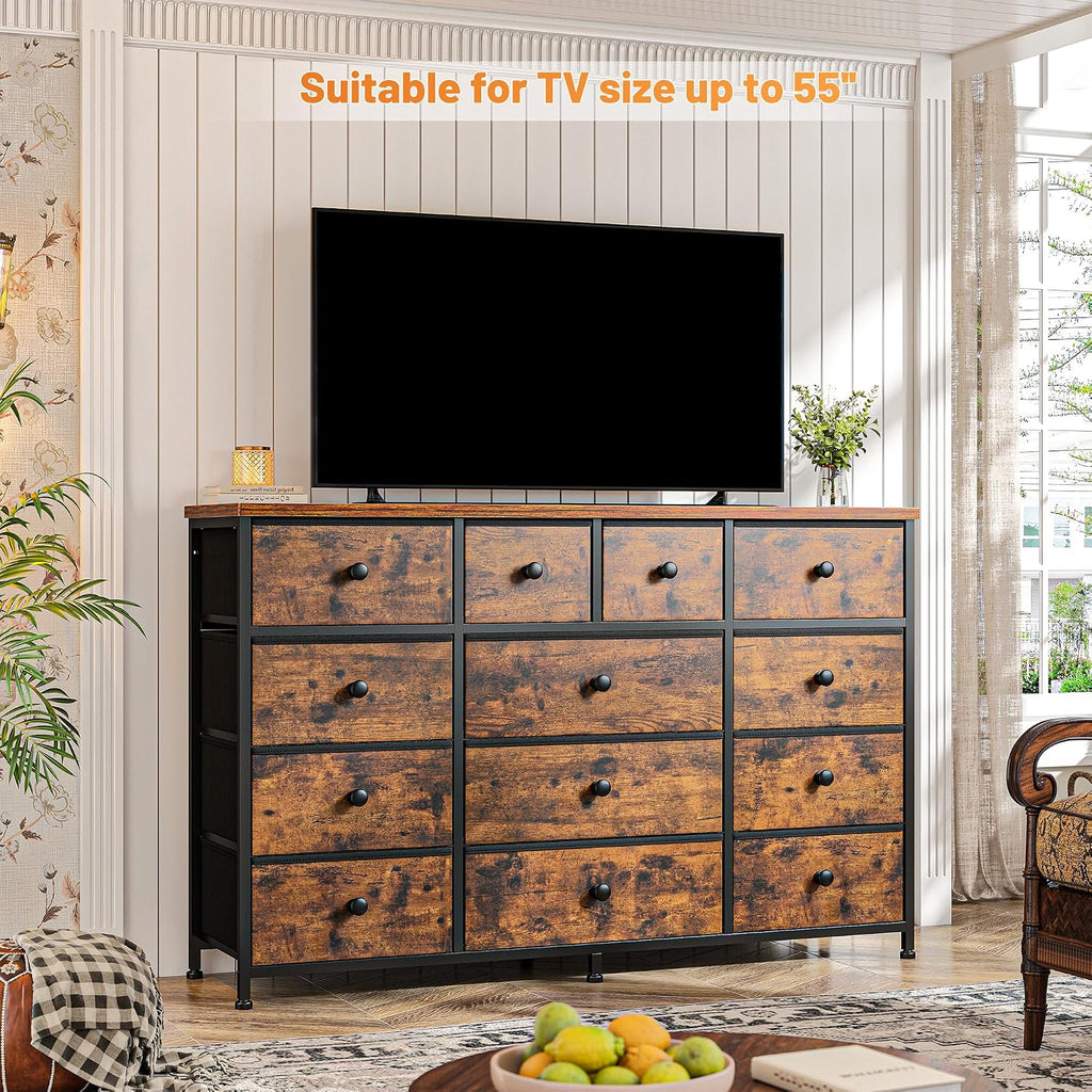 EnHomee Dresser for Bedroom with 13 Fabric Dresser, TV Stand for 40,50,55 inch Tv, Dressers & Chest of Drawers for Living Room, Hallway, Entryway, Apartment Metal Frame, Rustic Brown