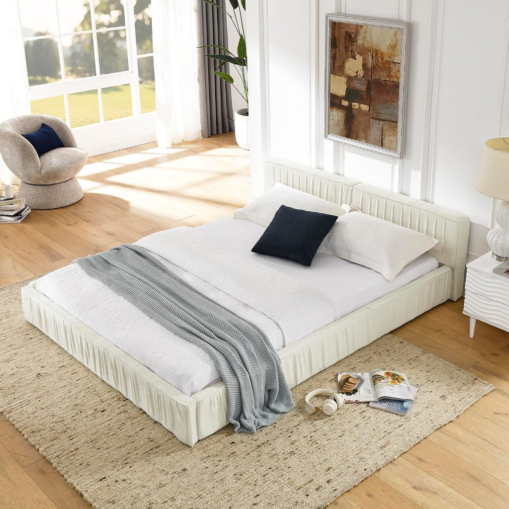 KLMM Queen Size Upholstered Bed Frame with Chenille Fabric with Pleated Design,Grounded Platform Bed with Headboard and Solid Frame,for Bedroom Use (Beige/Chenille, Queen)