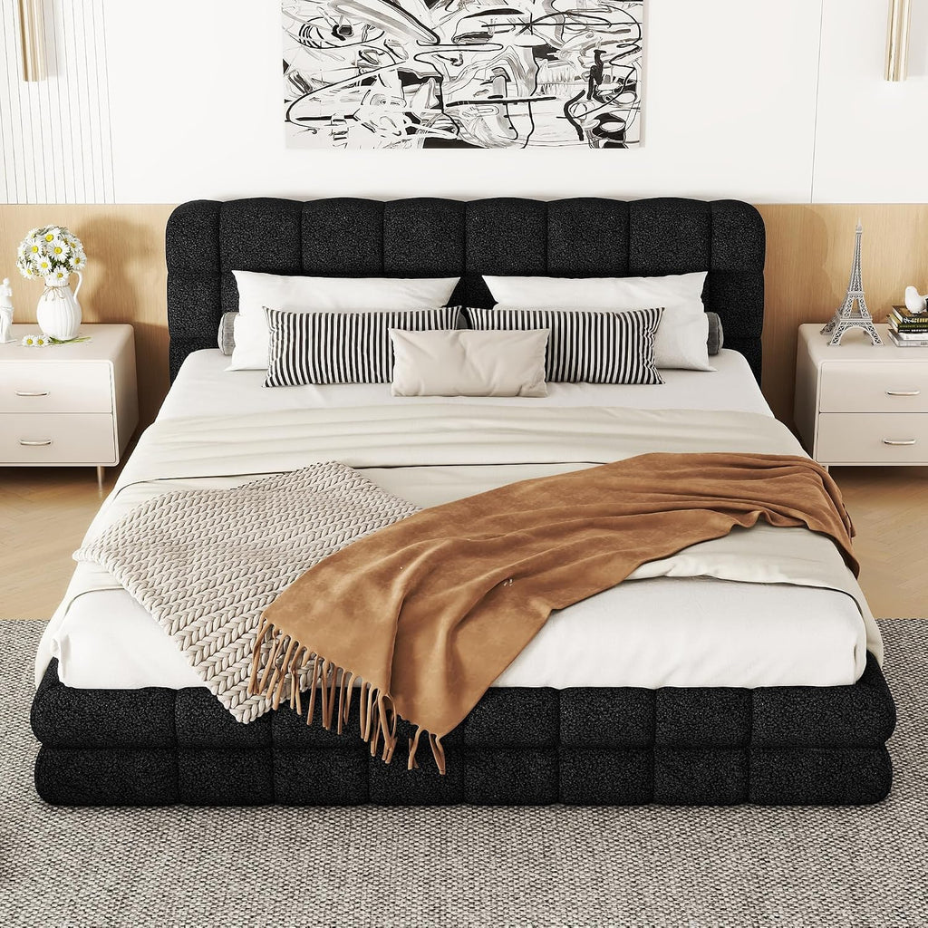 Queen Size Upholstered Platform Bed, Velvet headboard,Wood Slat Support, No Box Spring Needed,Easy Assembly,Bedroom Set (A+Black)