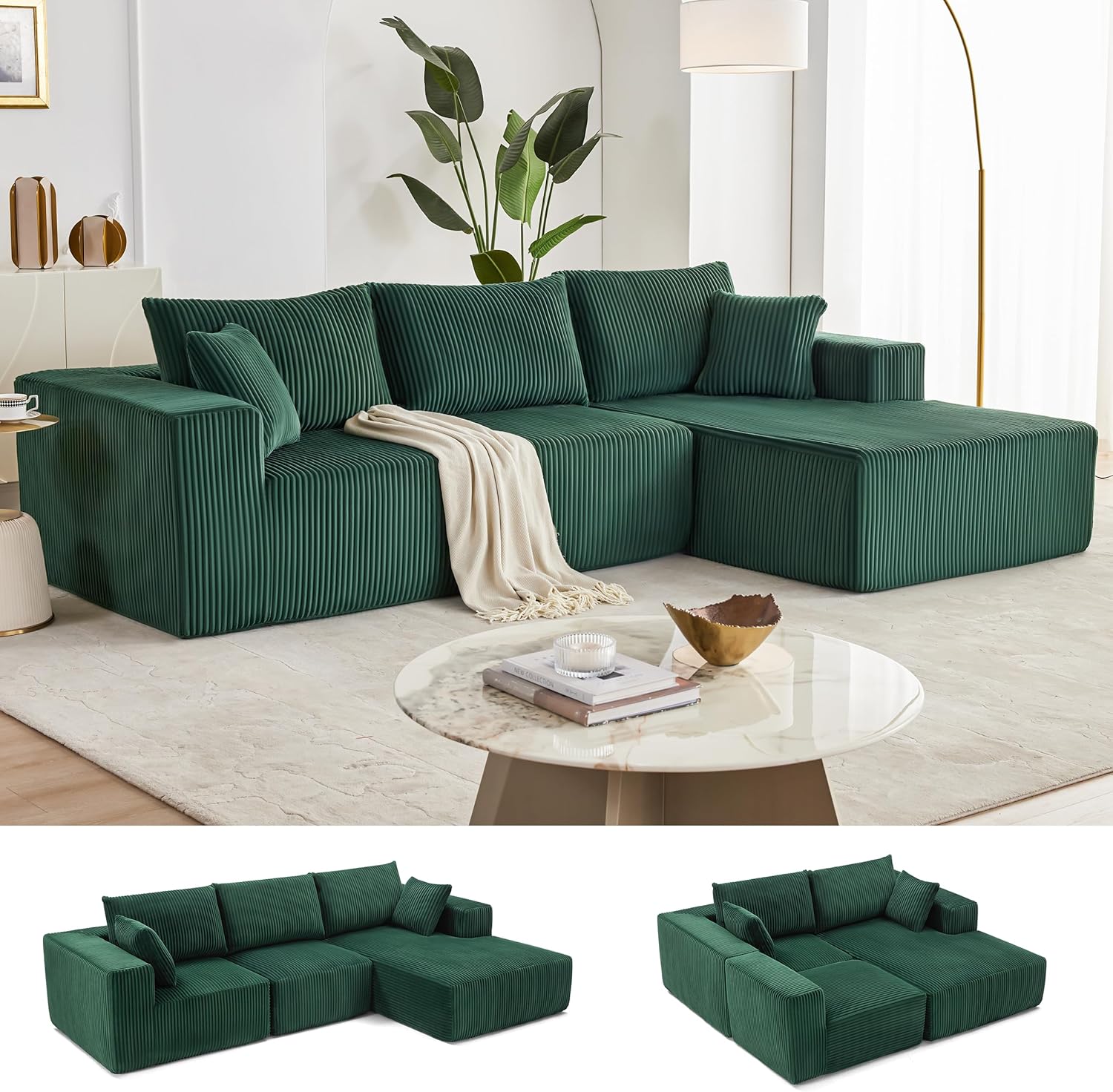 Weture 108' Modular Sectional Sofa, Cloud Sectional Couch with Deep Seat, Modern Modular L-Shape Sofa with Chaise,Upholstered Boneless Couches for Living Room Bedroom (Corduroy, Green)