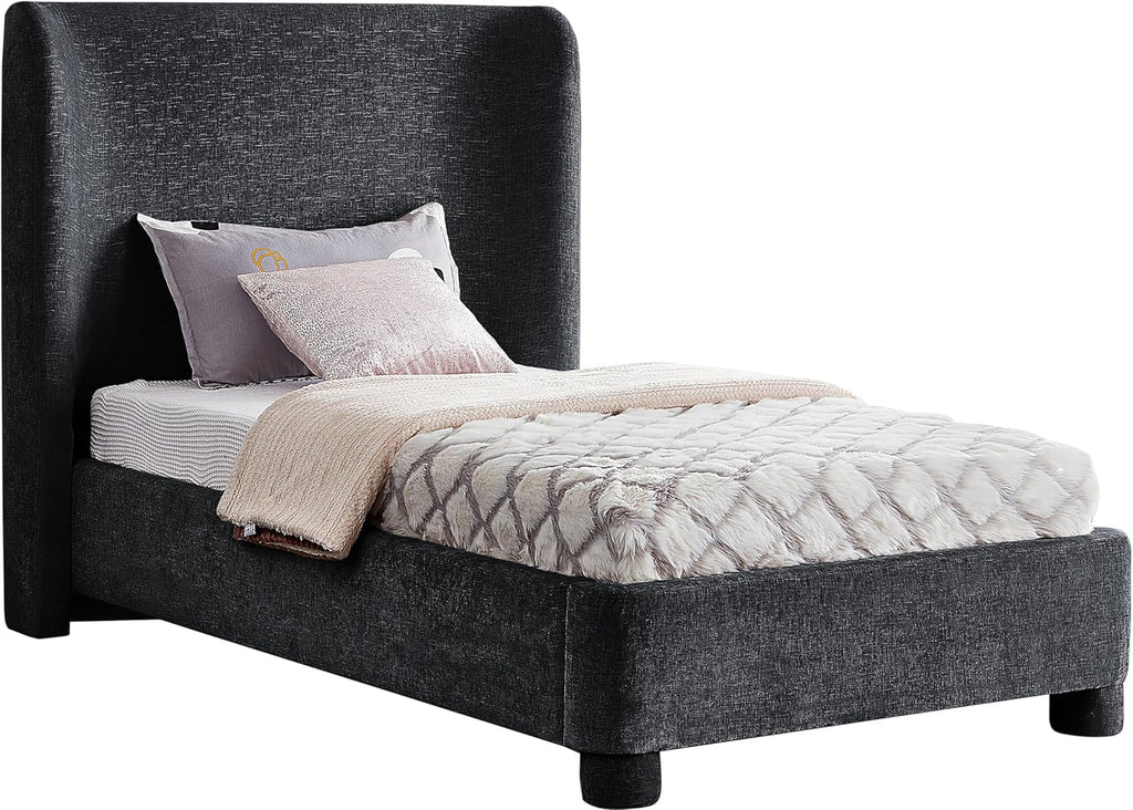 Meridian Furniture B1207Black-T Penny Collection Modern | Contemporary Twin Bed with Rich Black Chenille Fabric, Curved Headboard, 52' W x 82.5' D x 52' H, Black, Twin