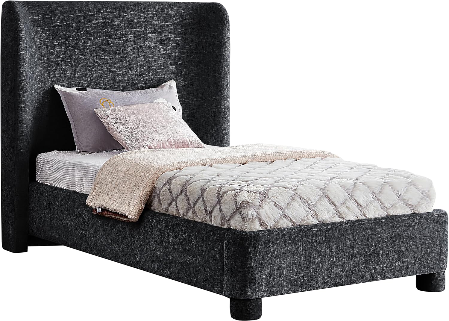 Meridian Furniture B1207Black-T Penny Collection Modern | Contemporary Twin Bed with Rich Black Chenille Fabric, Curved Headboard, 52' W x 82.5' D x 52' H, Black, Twin