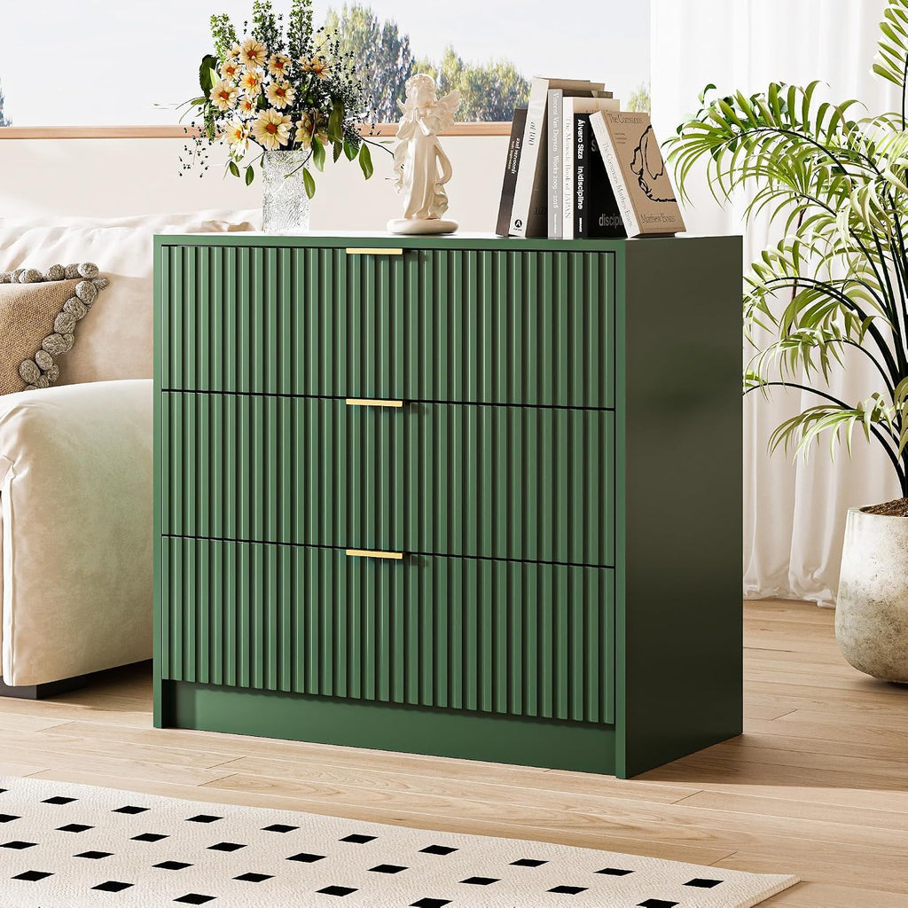 MAISONARIA Green Fluted Dresser for Bedroom, 32 Inch Wide Nightstand with Large Drawer, 3 Drawer End Table for Bedroom, Living Rooms, Offices, and Entryways