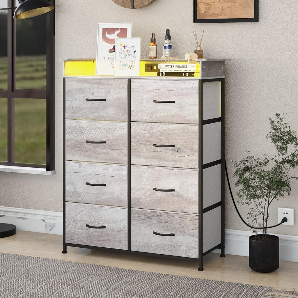 Dresser for Bedroom with Charing Station Grey Dresser with LED Lights Tall Dressers with 8 Drawers Storage Tower for Closet Living Room Hallway Entryway Sturdy Steel Frame Wood Top