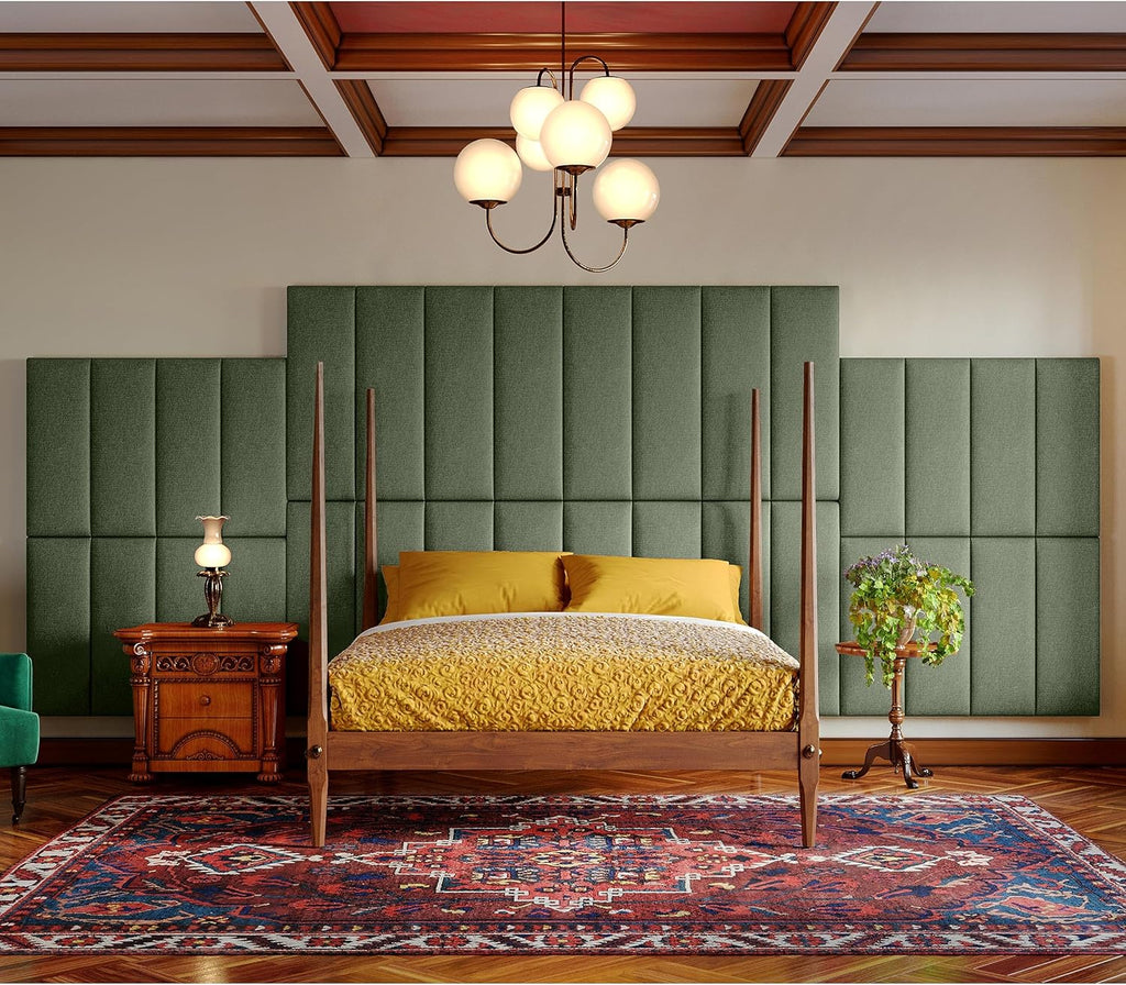 Jaxx Panelist Modern Padded Headboard – Set of 4 Wall Mounted Panels (Each 11.25' x 30') - Queen, Cypress Green Microvelvet