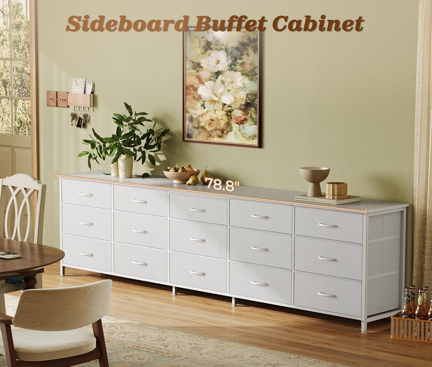 Huuger 78.7 inch Long Dresser for Bedroom, 15 Drawer Fabric Dresser for Closet, Large TV Stand for 65, 75, 85 inch TV, Wide Chest of Drawer with Storage, 78.7' W x 12.9' D x 26.7' H, White