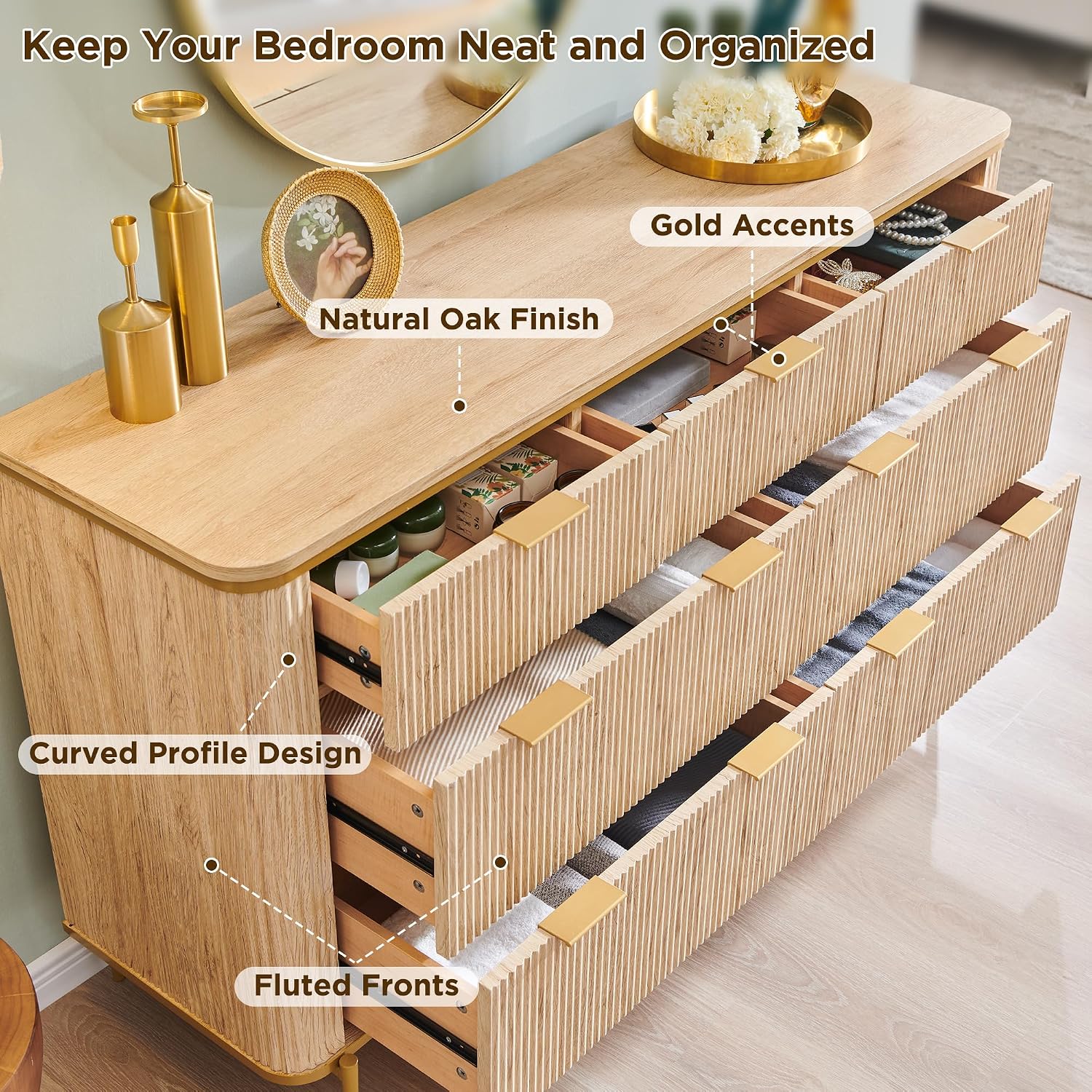 T4TREAM Fluted 7 Drawers Dresser for Bedroom, 54' Wide Modern Dresser TV Stand, Gold Accents, Fluted Fronts, Wood Storage Dressers Organizer for Bedroom, Living Room, Natural Oak