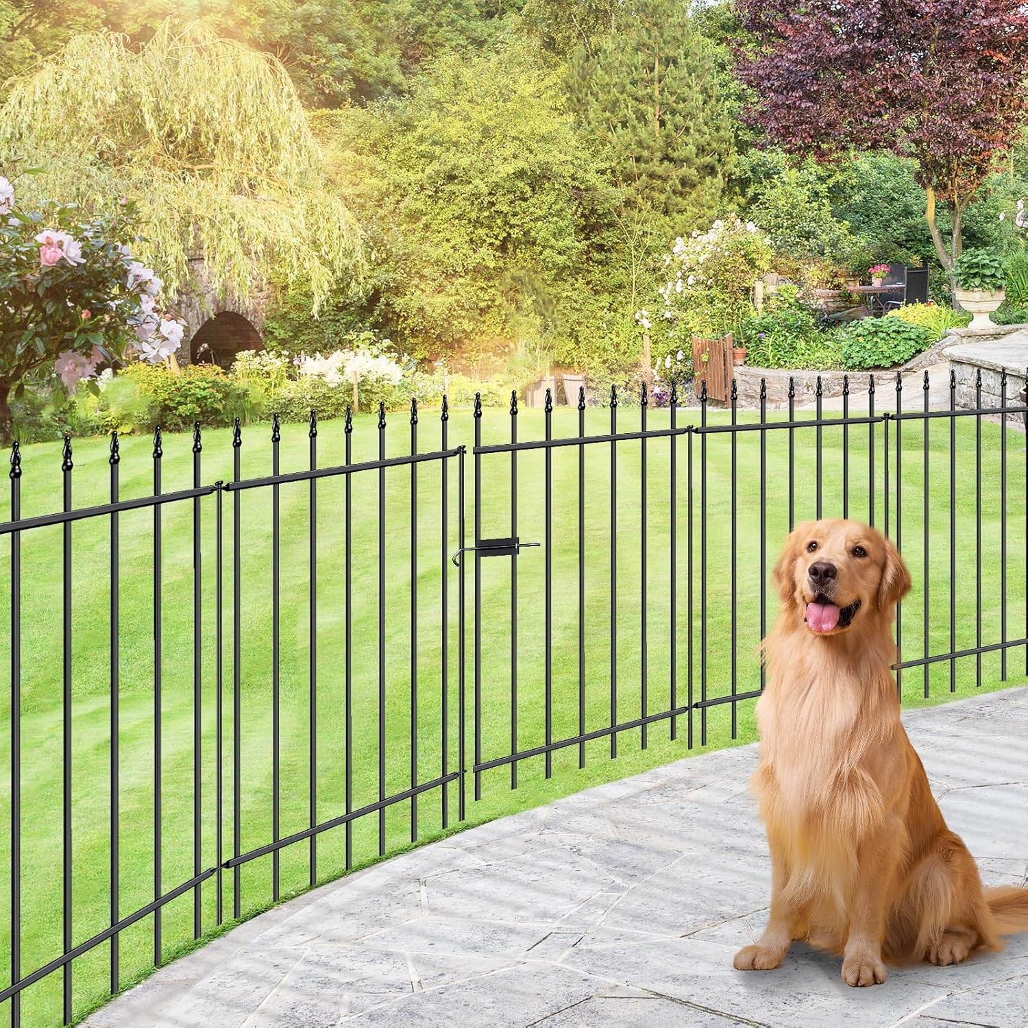 FOREHOGAR Metal Garden Fence with Gate 36 in H x 10 ft L, 1 Gate + 4 Panels Border Fence Panels Animal Barrier for Dogs, No Dig Garden Fencing for Yard Patio Flower Bed Lawn Outdoor, Black