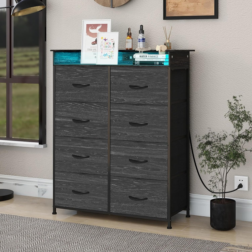 Fabric Dresser for Bedroom with LED Light and Charing Station Tall Dressers with 8 Drawers Black Dresser & Chest of Drawer for Closet Living Room Hallway Sturdy Steel Frame Wood Top