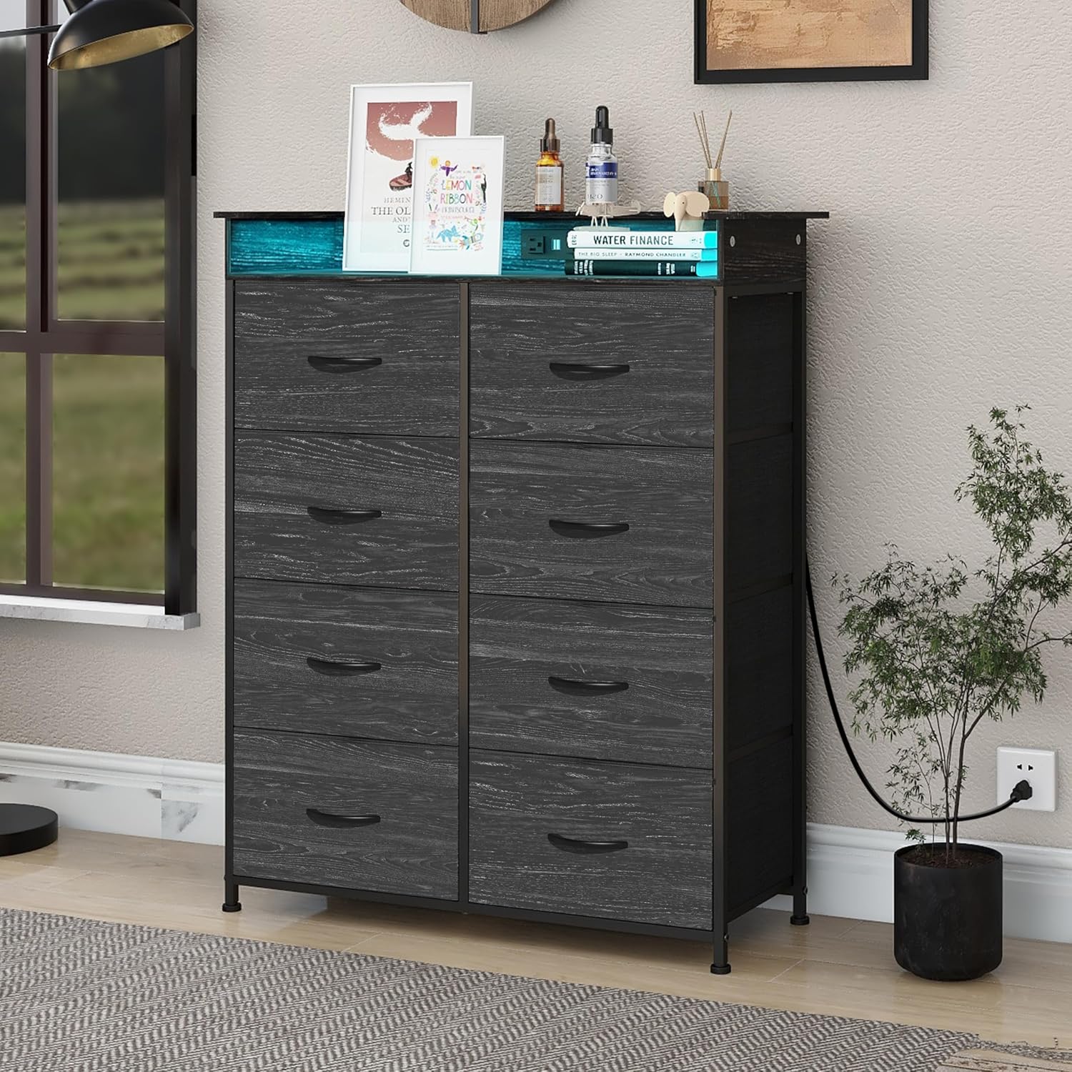 Fabric Dresser for Bedroom with LED Light and Charing Station Tall Dressers with 8 Drawers Black Dresser & Chest of Drawer for Closet Living Room Hallway Sturdy Steel Frame Wood Top