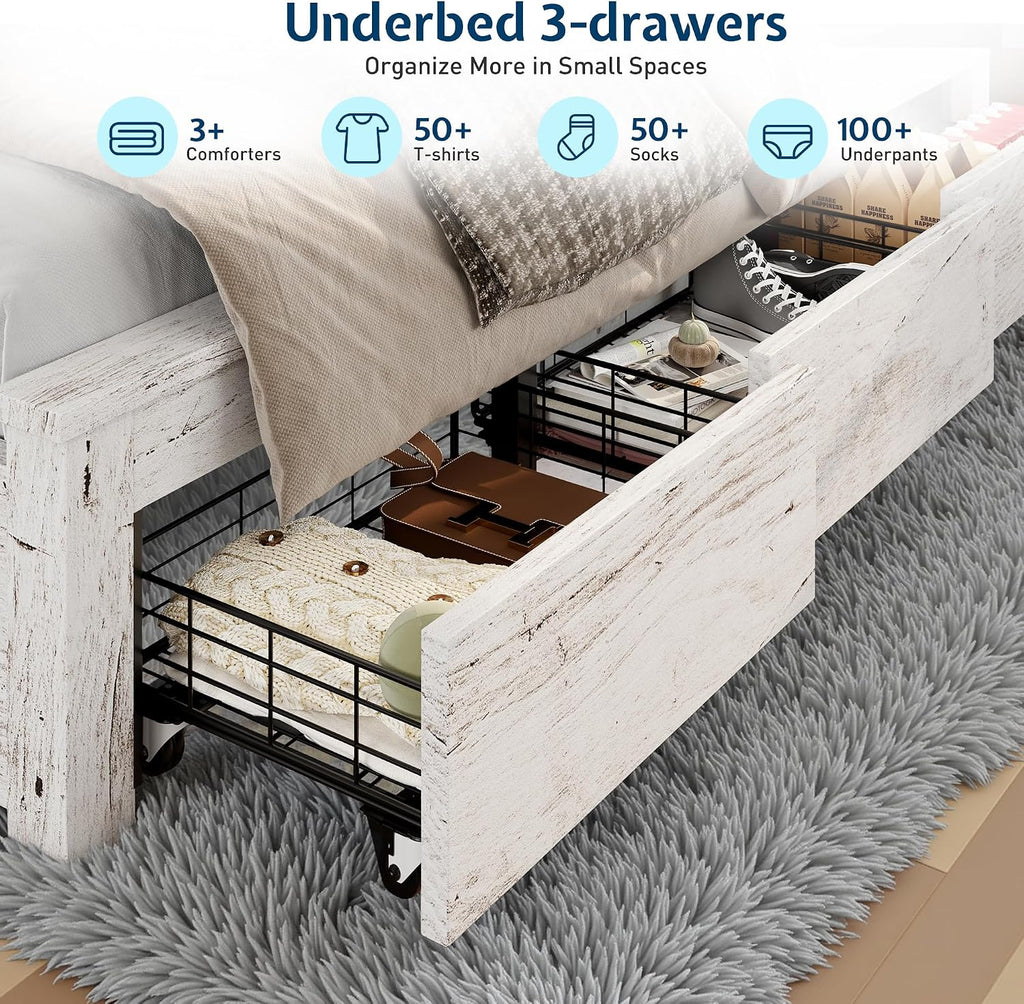 Jocisland Twin Bed Frame with Storage Drawers, Bookcase Headboard, USB Charging, RGB Lights, Farmhouse Wood Daybed No Box Spring Needed, Distressed White | 49' tall shelving