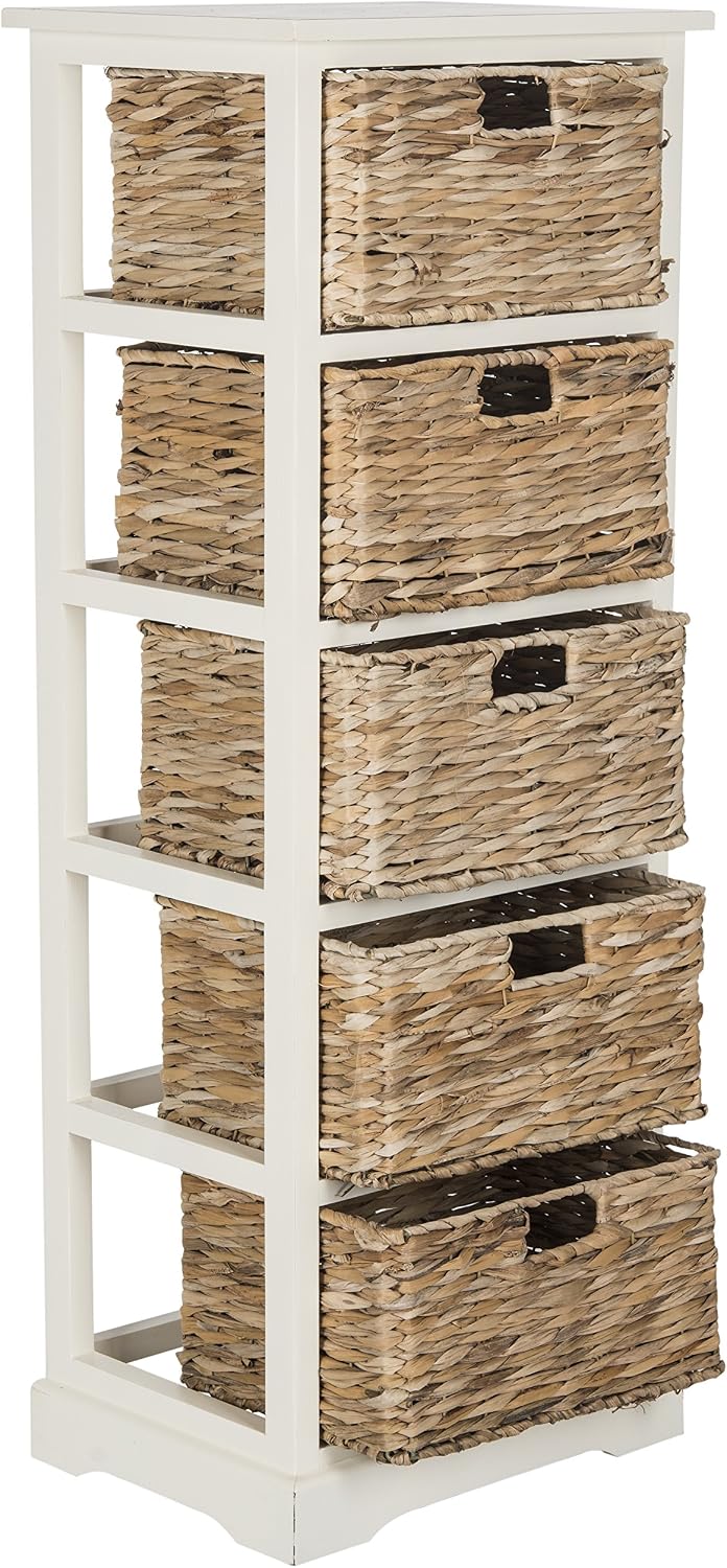 SAFAVIEH Furniture - Vedette 5-Basket Storage Tower - Vintage White - Solid Wood - Coastal Basket Tower Design - Ideal for Entryway, Living Room, 17.5'W x 13.5'D x 46'H - Fully Assembled (AMH5739B)