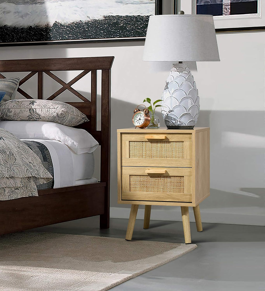 Finnhomy Nightstands Set of 2, Night Stands Set 2 with Hand Made Rattan Decorated Drawers, Nightstand, End Table, Bedside Tables Set of 2 for Bedroom, Natural, 2 Pack