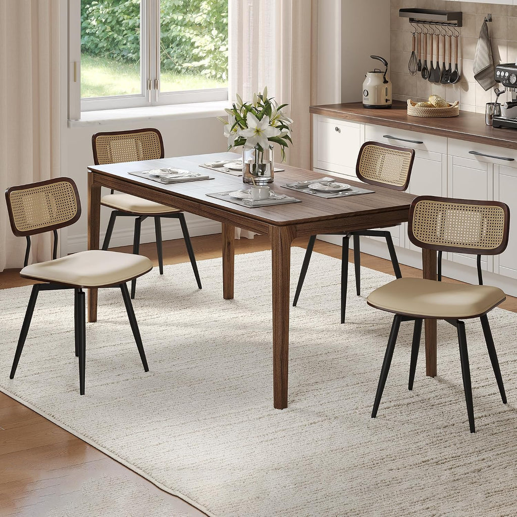 Dining Chairs, Set of 4, Modern, Beige, Rattan & Faux Leather Swivel Dining Room Chairs with 360 Rotation and Adjustable Height