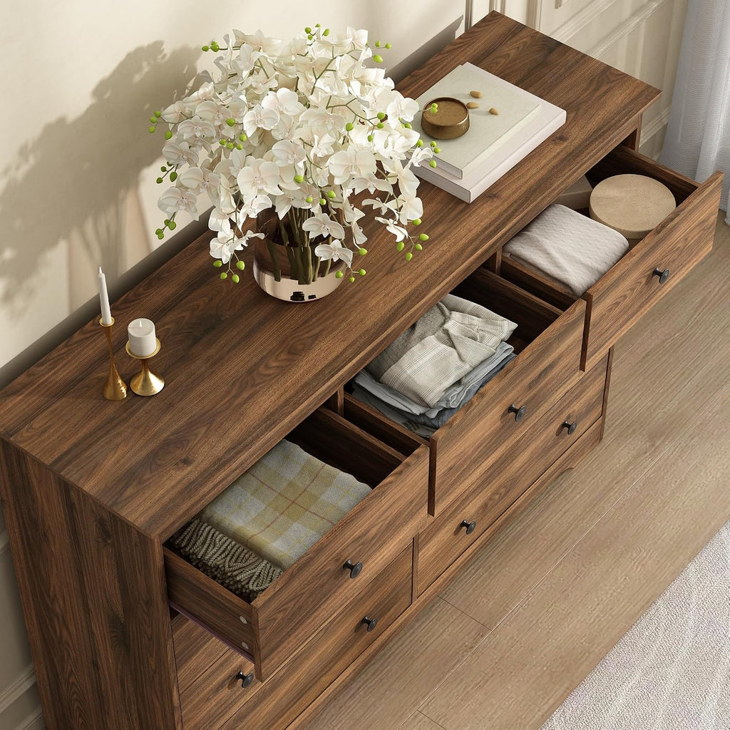 Dresser for Bedroom, 9 Drawer Dresser with Large Drawers, 55 Inch Wide Wood Chest for Living Room, Hallway, Walnut
