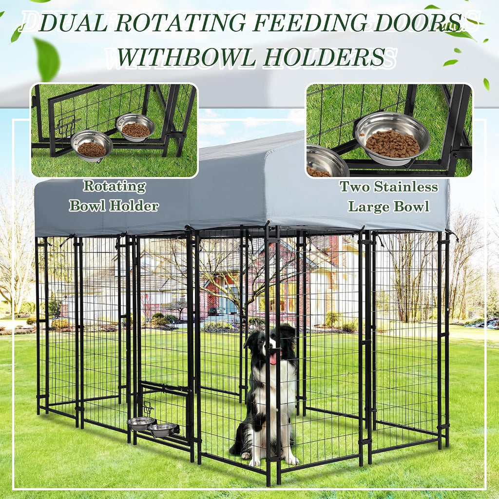 Grepatio Outside Dog Kennel for Large Dogs, 8x4x5.7 FT Outdoor Dog Kennels with Waterproof, Heavy Duty Dog Enclosure with 2 Rotating Dogs Bowls, Dog Run Playpen Fence with Secure Lock