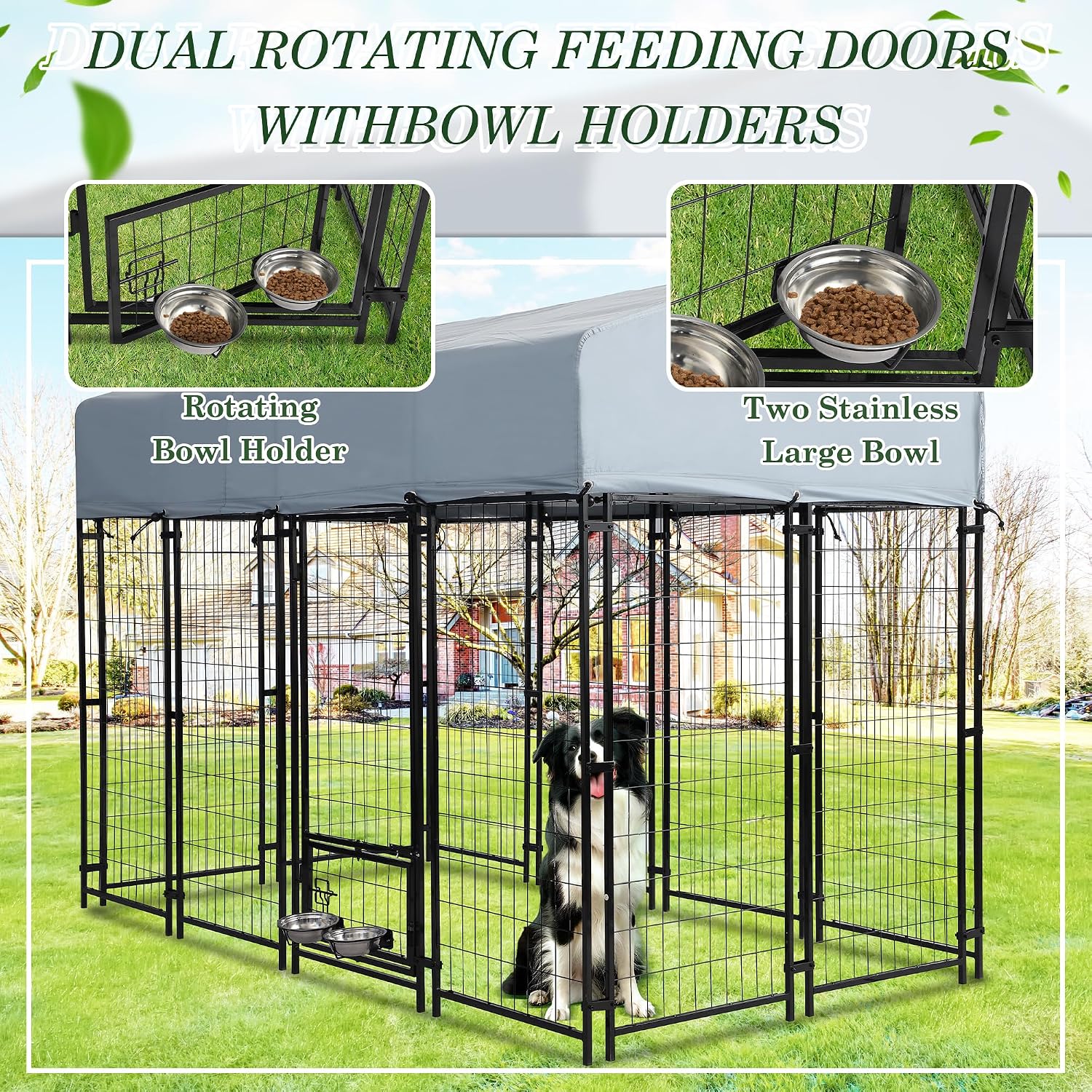 Grepatio Outside Dog Kennel for Large Dogs, 8x4x5.7 FT Outdoor Dog Kennels with Waterproof, Heavy Duty Dog Enclosure with 2 Rotating Dogs Bowls, Dog Run Playpen Fence with Secure Lock