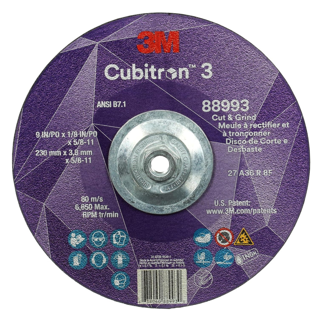 3M Cubitron 3 Cut and Grind Wheel, 88993, 36+, T27, 9 in x 1/8 in x 5/8 in-11, Pack of 10, ANSI, Longer Life, Faster Cut, Back-Gouging, Fillet Weld Removal, Cutting, Grinding