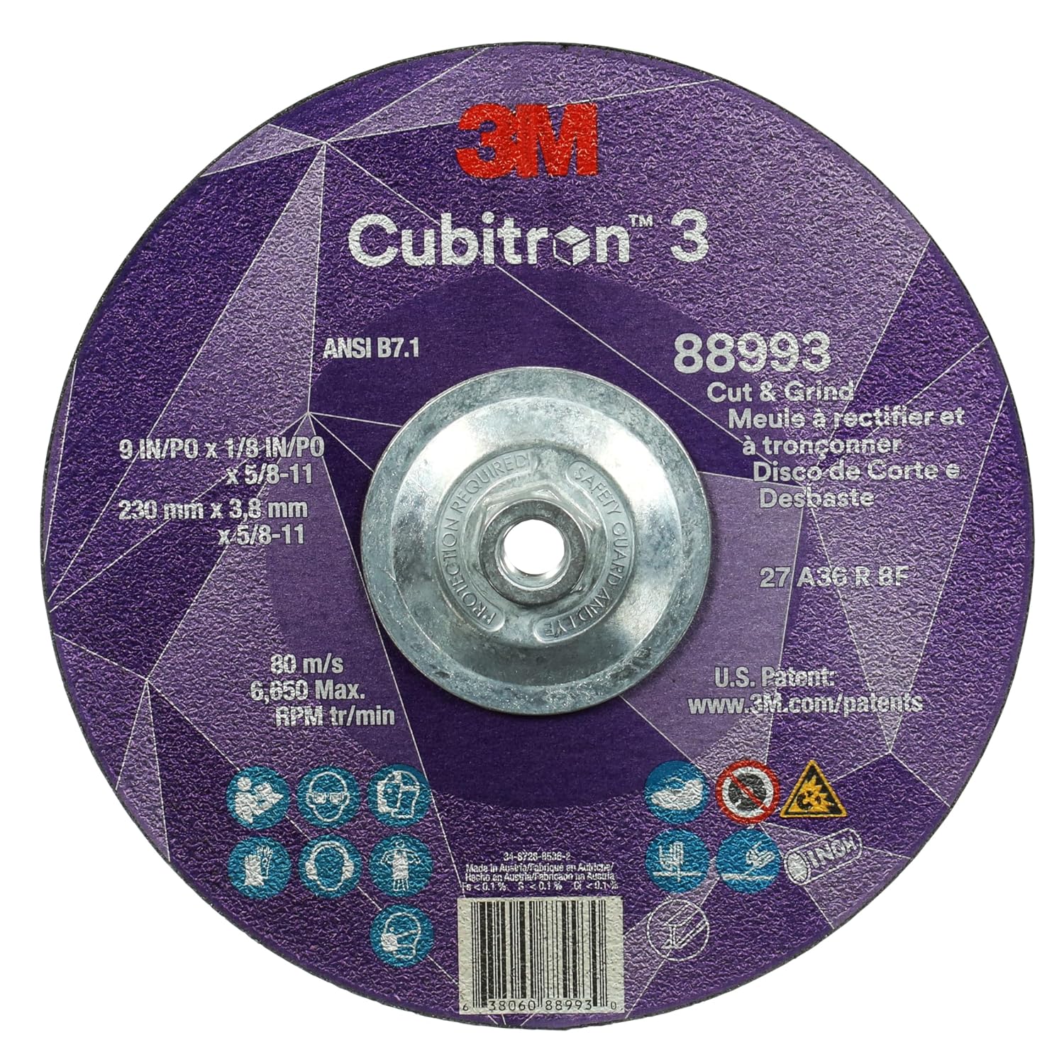 3M Cubitron 3 Cut and Grind Wheel, 88993, 36+, T27, 9 in x 1/8 in x 5/8 in-11, Pack of 10, ANSI, Longer Life, Faster Cut, Back-Gouging, Fillet Weld Removal, Cutting, Grinding