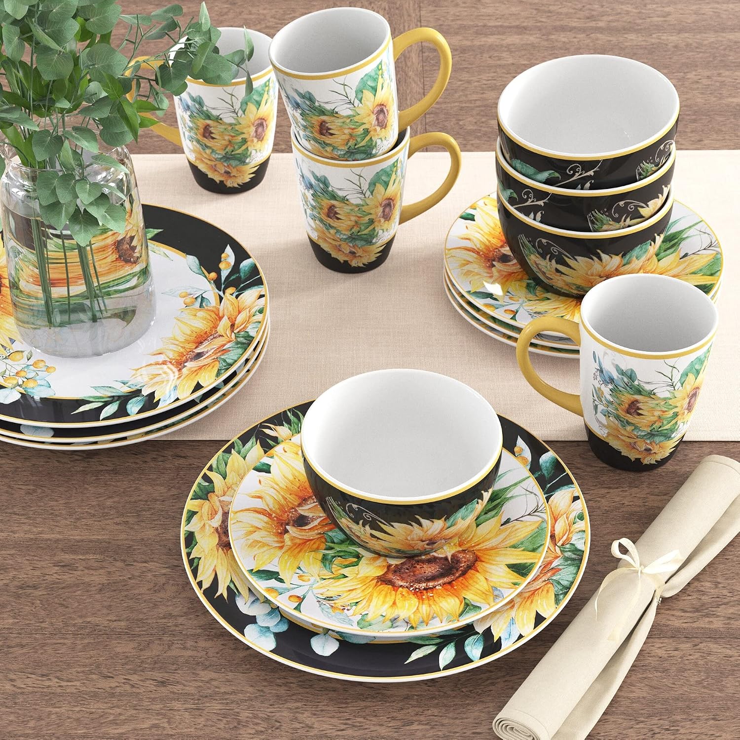 Sunflower Fields 16-Piece Ceramic Dinnerware Set – Great for Fall Gatherings, Daily Meals, Brunches, or Hosting – Service for 4 Includes Dinner Plates, Salad Plates, Bowls & Mugs