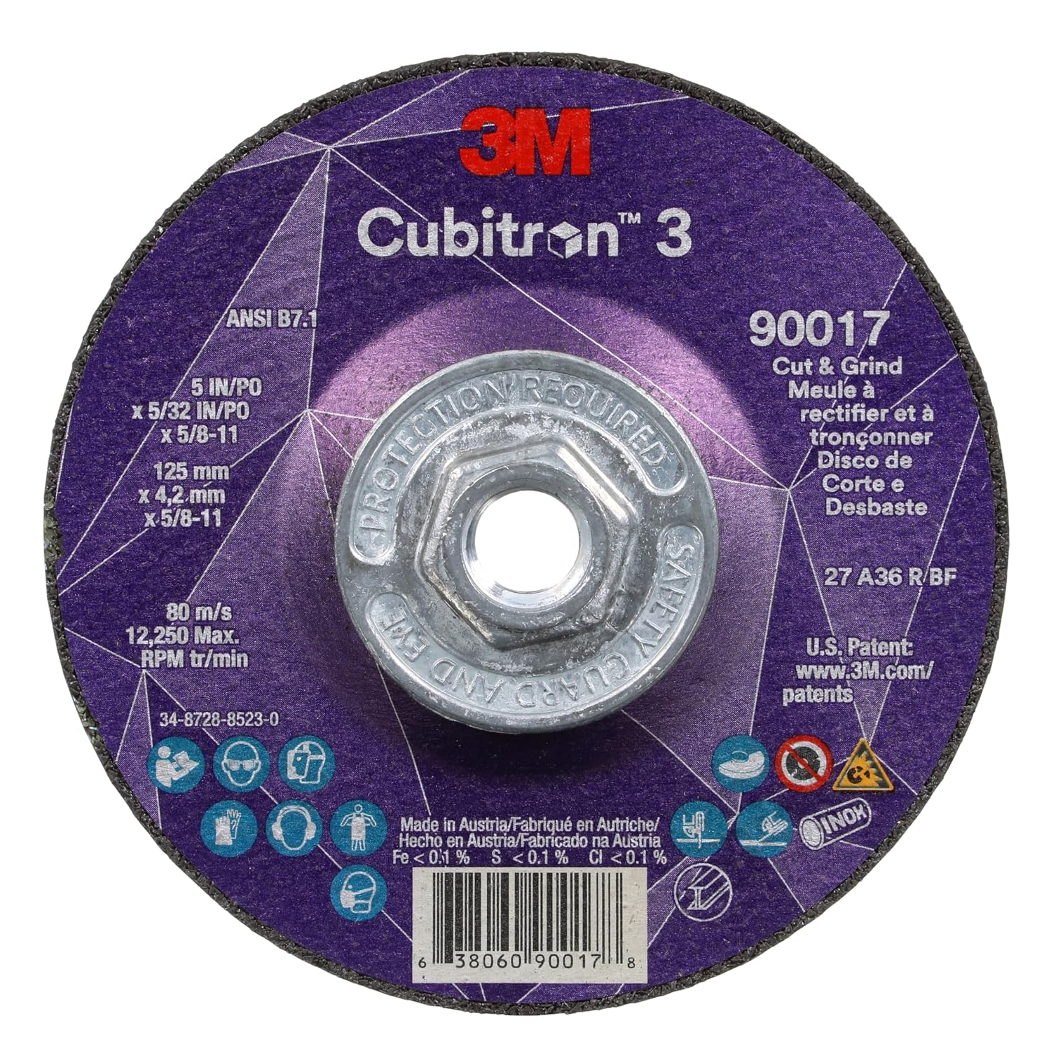 3M Cubitron 3 Cut and Grind Wheel, 90017, 36+, T27, 5 in x 5/32 in x 5/8 in-11, Pack of 10, ANSI, Longer Life, Faster Cut, Back-Gouging, Fillet Weld Removal, Cutting, Grinding