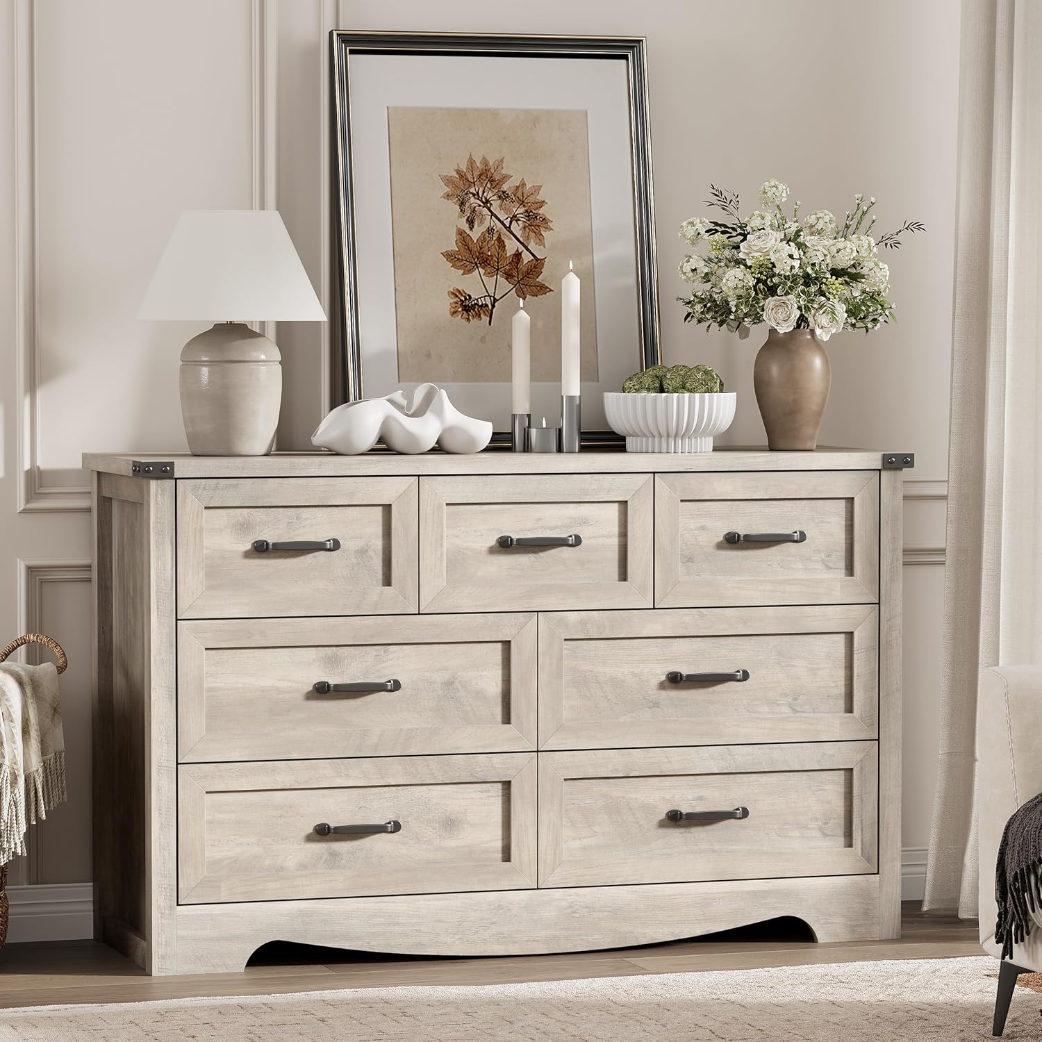 Dresser for Bedroom with 7 Drawers, 48' Wide Modern Chest of Drawers with Deep Drawers & Mental Handle, Wood Dresser TV Stand, Wooden Closet Storage Organizer for Living Room, Hallway, Entryway, Grey