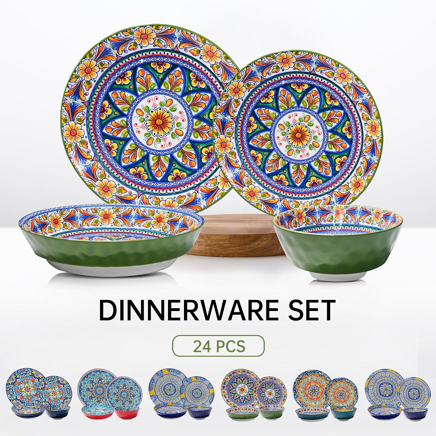 24 Pieces Dinnerware Sets, Ceramic Plates and Bowls Set, Microwave and Dishwasher Safe, Scratch Resistant, Bohemian Style Dishware Set, Service for 6