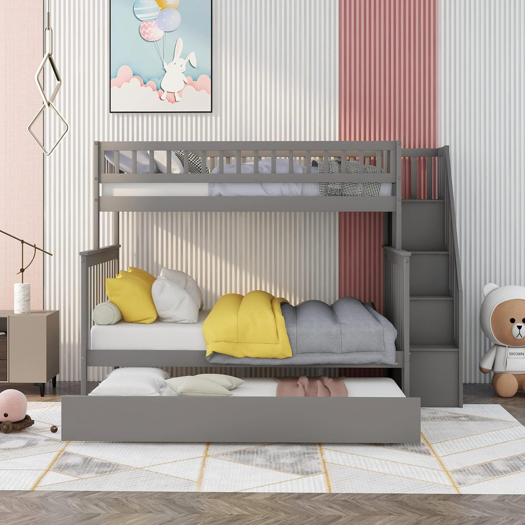 Harper & Bright Designs Bunk Beds Twin Over Full Size, Solid Wood Bunk Bed with Trundle for Kids