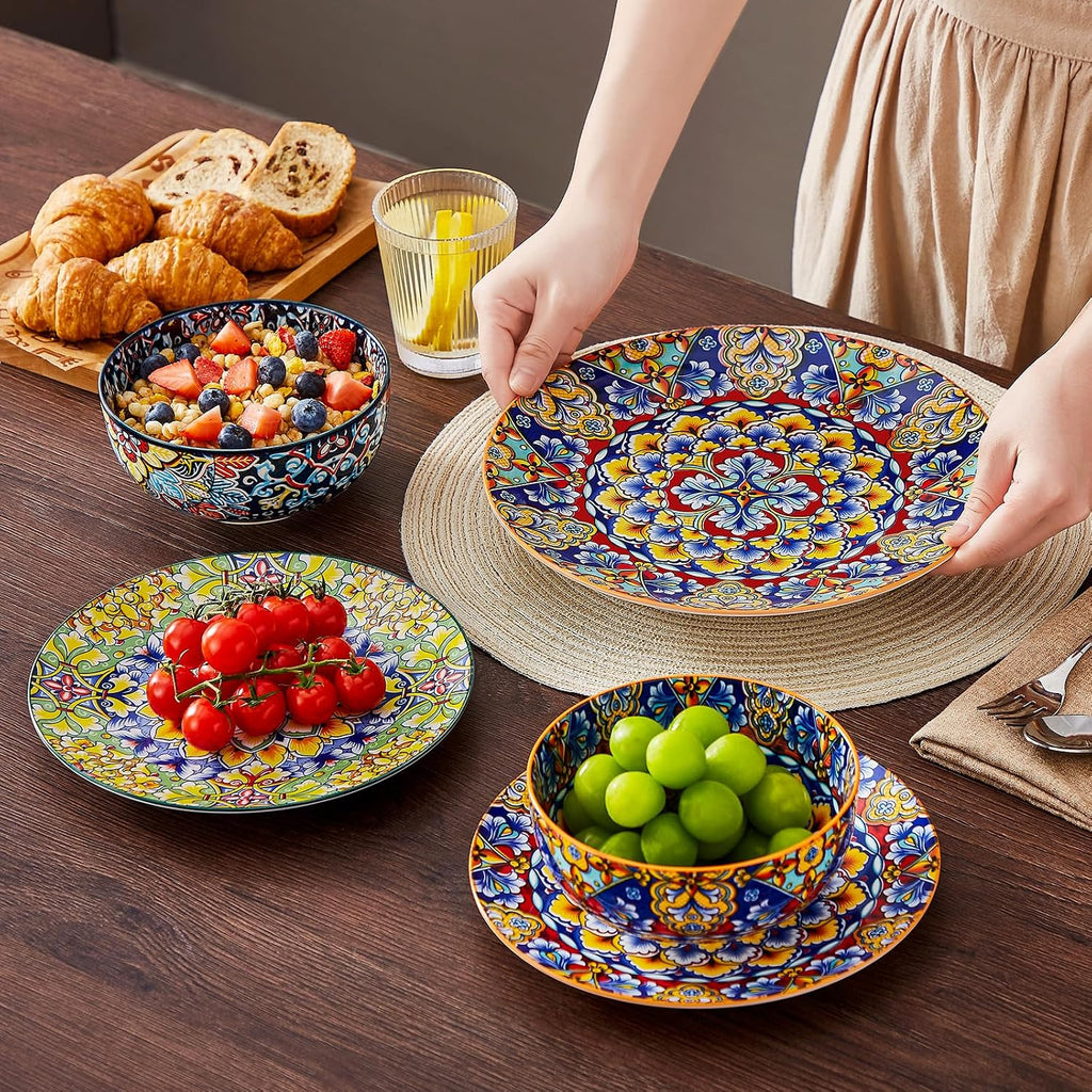 vancasso 18 Pieces Dinnerware Sets, Plates and Bowls Set, Porcelain Dishes Set for 6, Microwave and Dishwasher Safe, Scratch Resistant, Bohemian Style Dining Ware Service for 6, Series SIMI