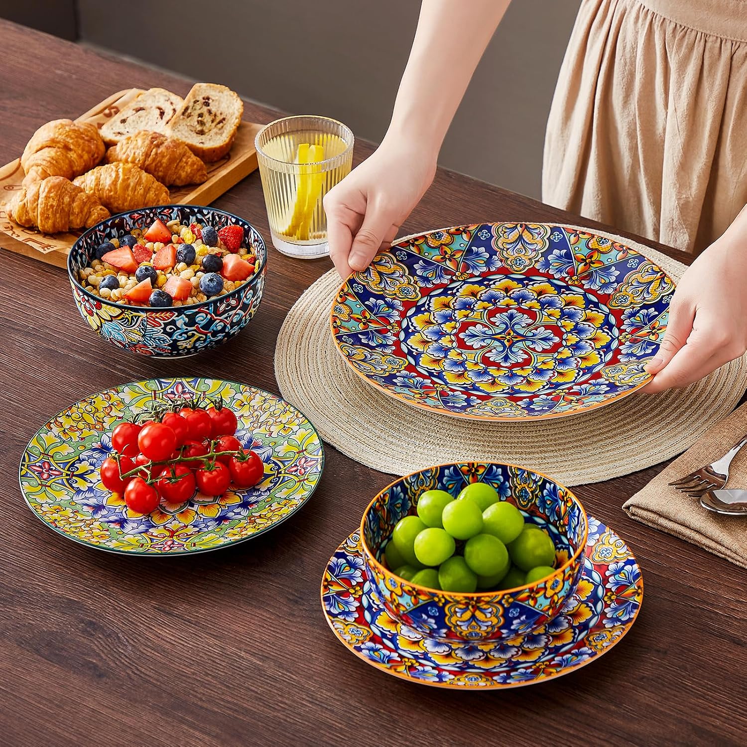 vancasso 18 Pieces Dinnerware Sets, Plates and Bowls Set, Porcelain Dishes Set for 6, Microwave and Dishwasher Safe, Scratch Resistant, Bohemian Style Dining Ware Service for 6, Series SIMI