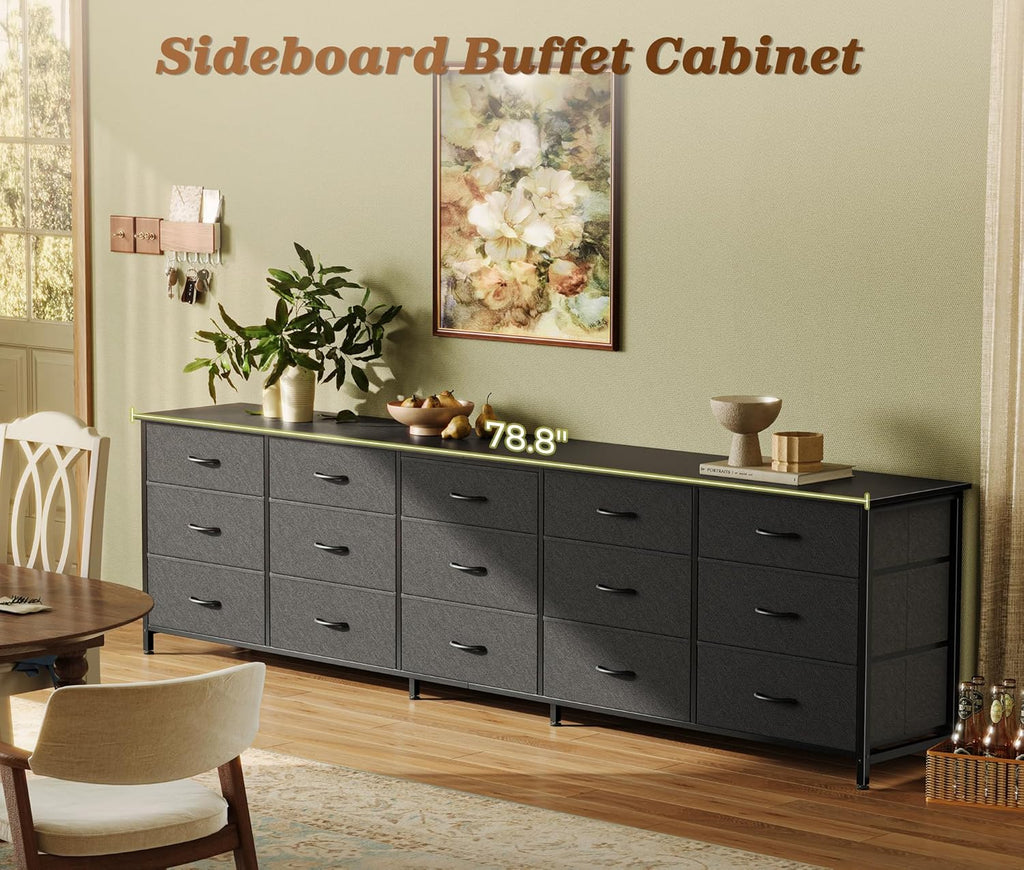 Huuger 78.7 inch Long Dresser for Bedroom, 15 Drawer Fabric Dresser for Closet, Large TV Stand for 65, 75, 85 inch TV, Wide Chest of Drawer with Storage, 78.7' W x 12.9' D x 26.7' H, Black