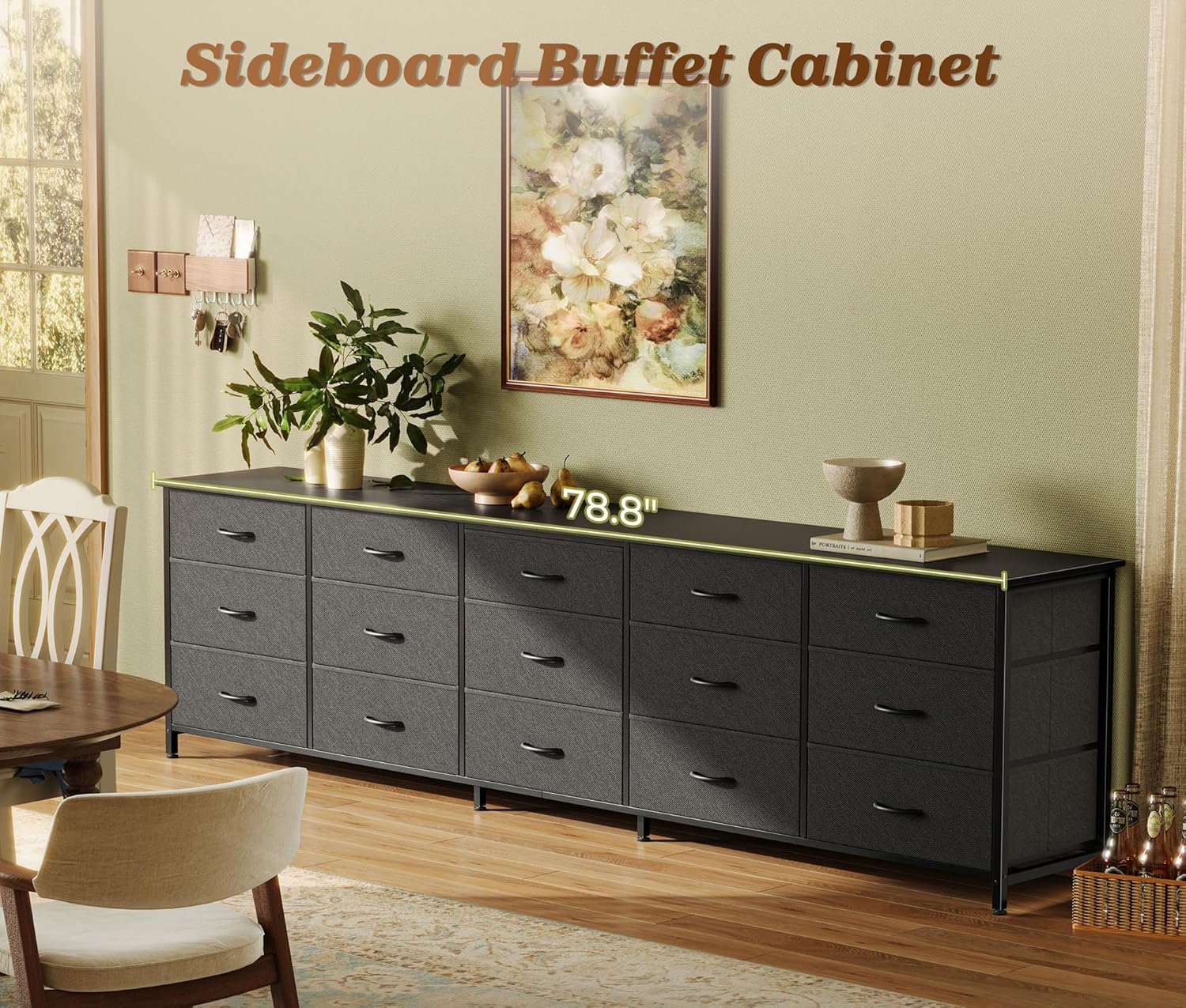 Huuger 78.7 inch Long Dresser for Bedroom, 15 Drawer Fabric Dresser for Closet, Large TV Stand for 65, 75, 85 inch TV, Wide Chest of Drawer with Storage, 78.7' W x 12.9' D x 26.7' H, Black