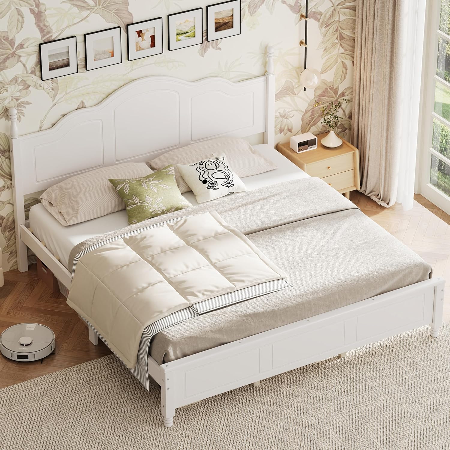 JIVOIT Wood King Bed Frame with Headboard and Footboard, Retro Style Platform Bed with Wooden Slat Support, Solid Wood Foundation, King Size Wooden Bed Frame (White,King Bed, 1)
