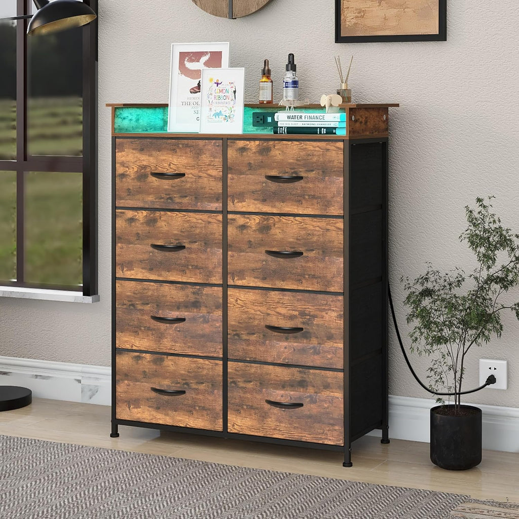Tall Dresser for Bedroom with Charge Station 8 Drawers Dresser with LED Lights Chest Organizer Units for Hallway Entryway Closets Sturdy Steel Frame Wood Top Easy Pull Handle Rustic Brown