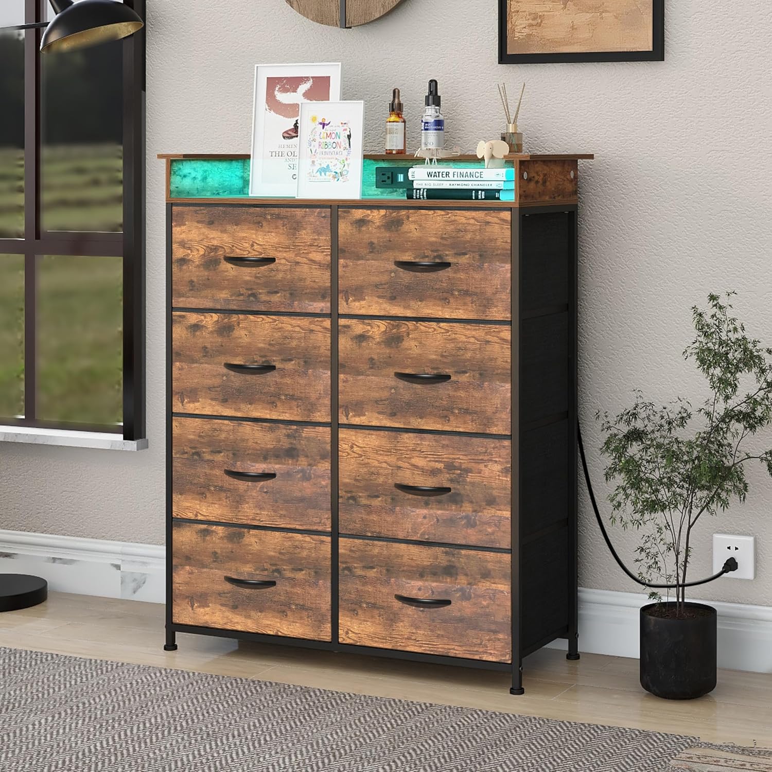 Tall Dresser for Bedroom with Charge Station 8 Drawers Dresser with LED Lights Chest Organizer Units for Hallway Entryway Closets Sturdy Steel Frame Wood Top Easy Pull Handle Rustic Brown