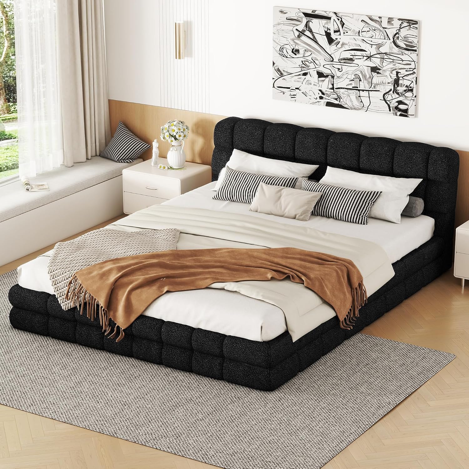 Queen Size Upholstered Platform Bed, Velvet headboard,Wood Slat Support, No Box Spring Needed,Easy Assembly,Bedroom Set (A+Black)