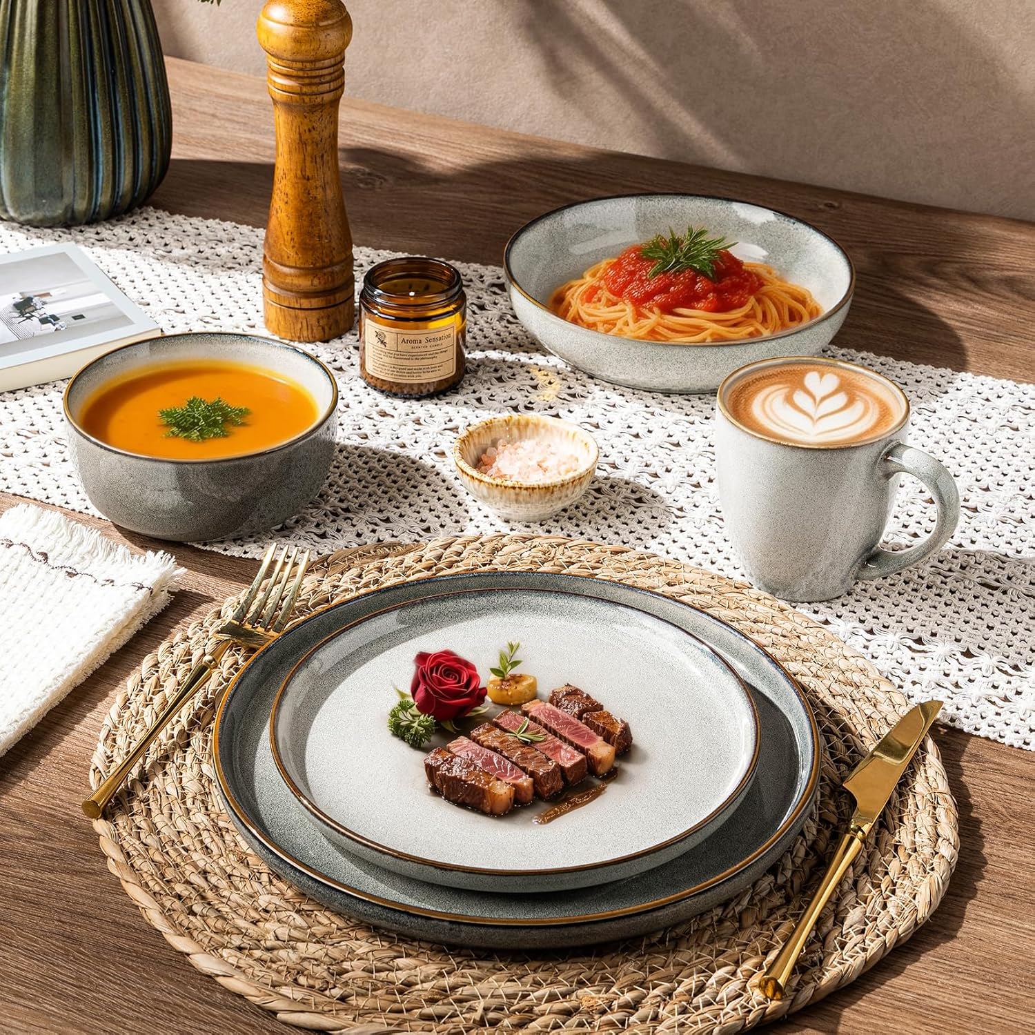 GBHOME 24 Pieces Double Bowls Ceramic Dinnerware Sets for 6, Stoneware Plates and Bowls Set with Reactive Glaze, Scratch Resistant Stoneware Dishes Set, Dishwasher & Microwave Safe