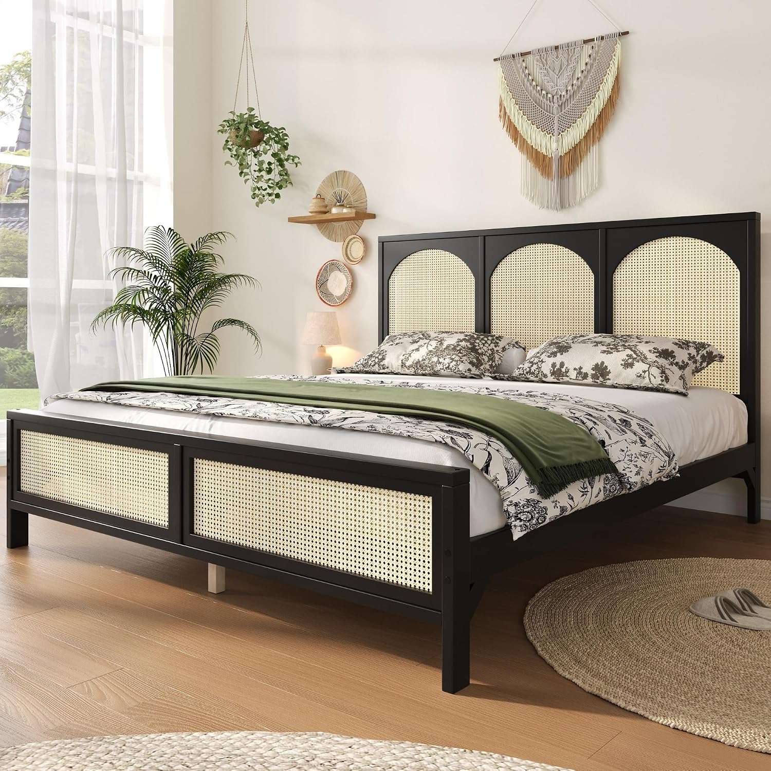 JIVOIT Queen Size Platform Bed with Rattan Headboard and Footboard, Wood Platform Bed Frame with Wood Slats Support, No Box Spring Needed, Easy Assembly (Black+Beige,Queen)