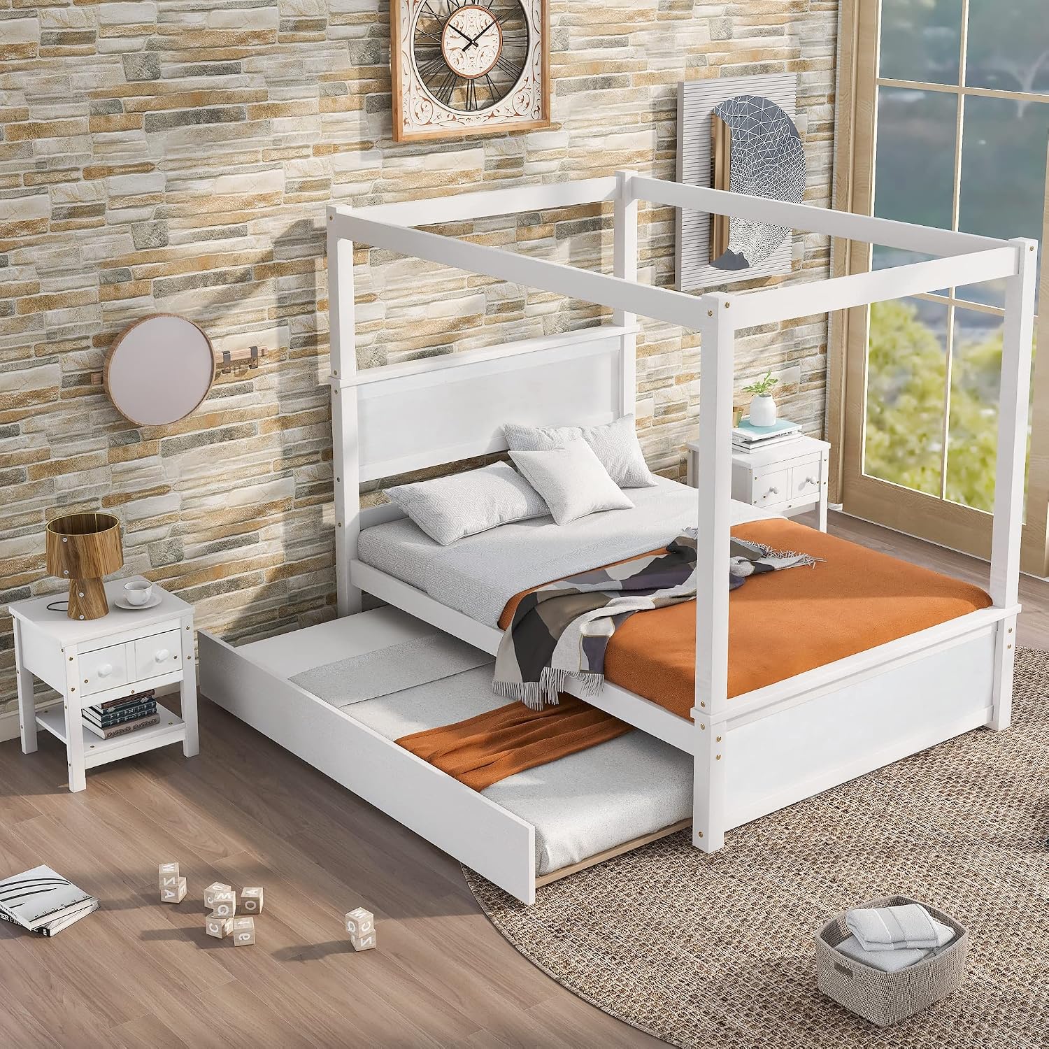 Full Size Wood Canopy Bed with Trundle Bed and Two Nightstand, Modern Bedroom Set for Kids Girls Boys Teens,Can Be Freely Decorated (White+Bedroom Set)