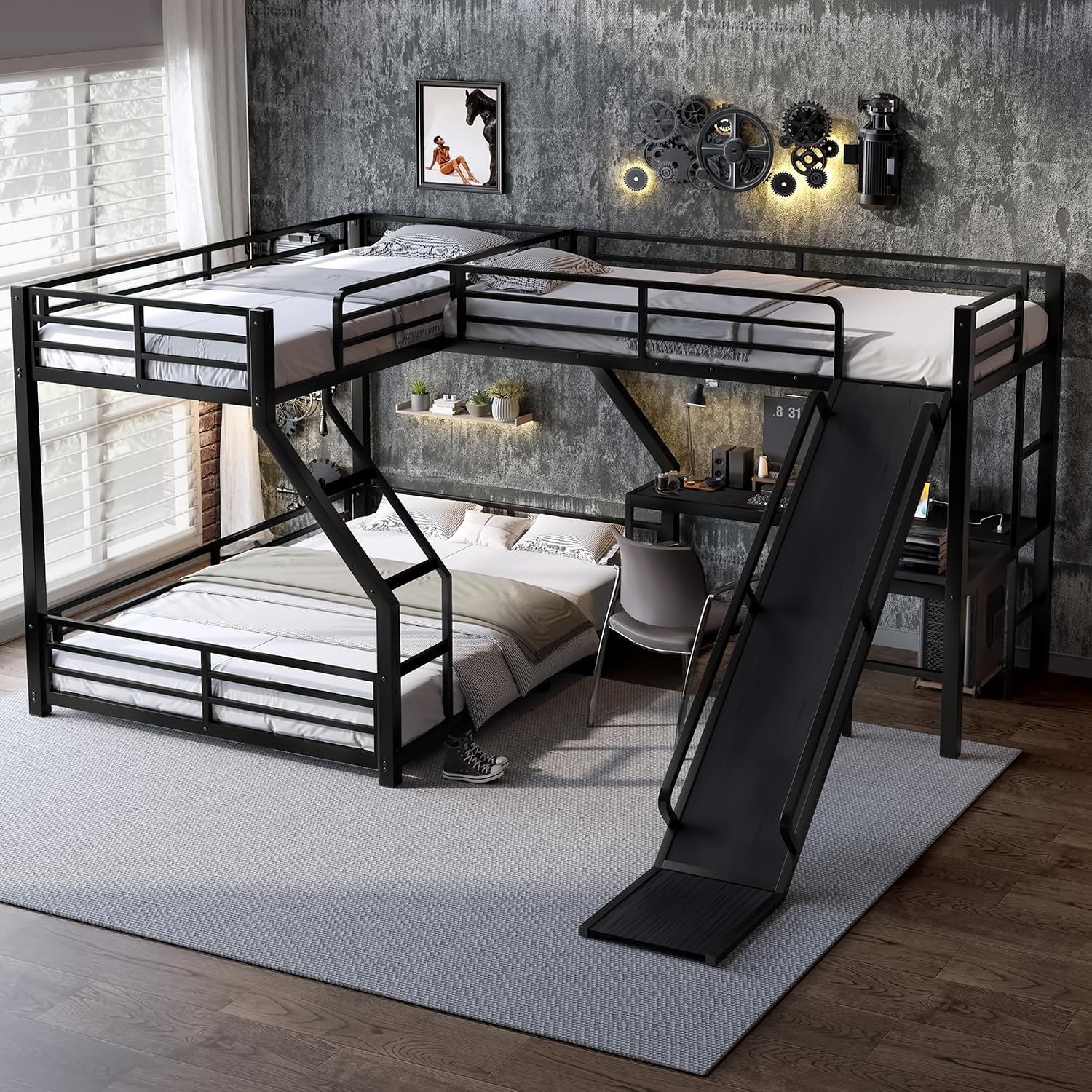 Polibi Space-Saving L-Shaped Metal Triple Bunk Bed, Twin XL Over Queen with Twin Loft Bed, Bunk Bed with Slide and USB Ports, Sturdy Frame with Noise-Free Design for Kids, Teens, Adults, Black
