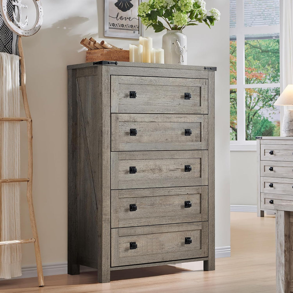 RedLemon Farmhouse 5 Drawer Dresser, 48' Tall Rustic Chest of Drawers, Wood Dresser for Bedroom, Living Room, Hallway, Light Rustic Oak