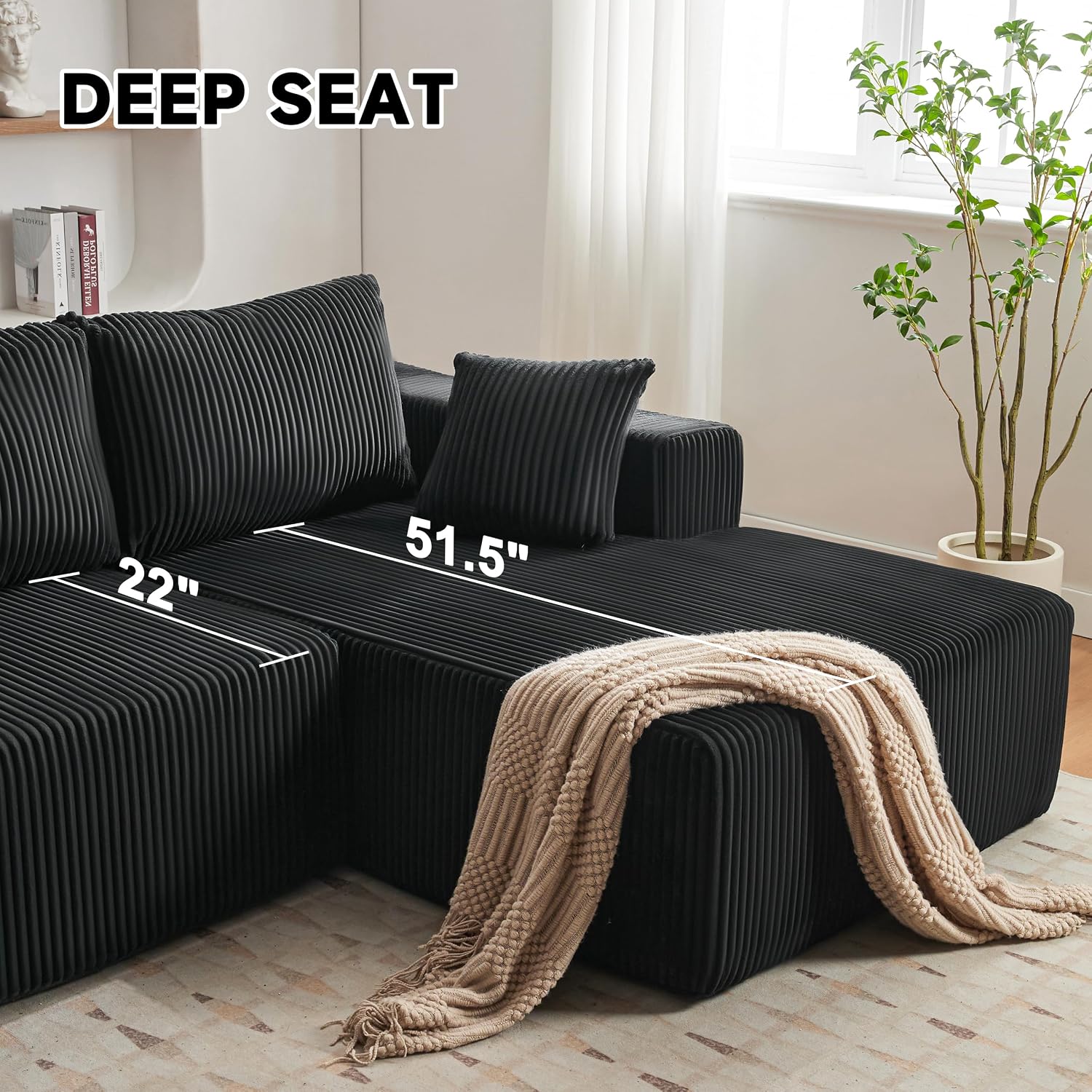 HUATEAN 108' Modular Sectional Sofa, Cloud Sectional Couch with Deep Seat, Modern Modular L-Shape Sofa Couch with Chaise,Upholstered Couches for Living Room Bedroom (Corduroy,Black)