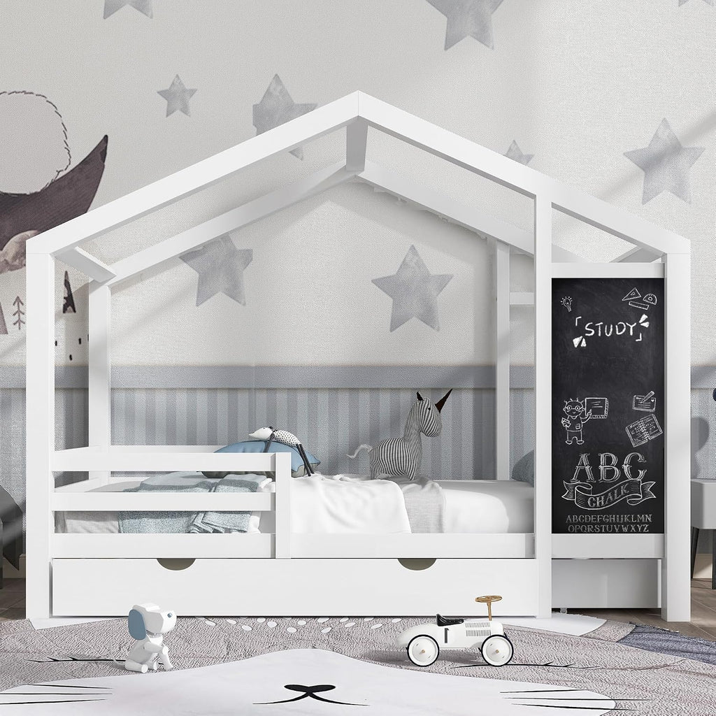 Kids Full House Bed Frame with Blackboard and Storage Drawers, Full-Length Guardrails & Wooden Slats Support,Two Assembly Options for Easy Fun Bedroom Setup for Kids Boys Girls (White, Full)