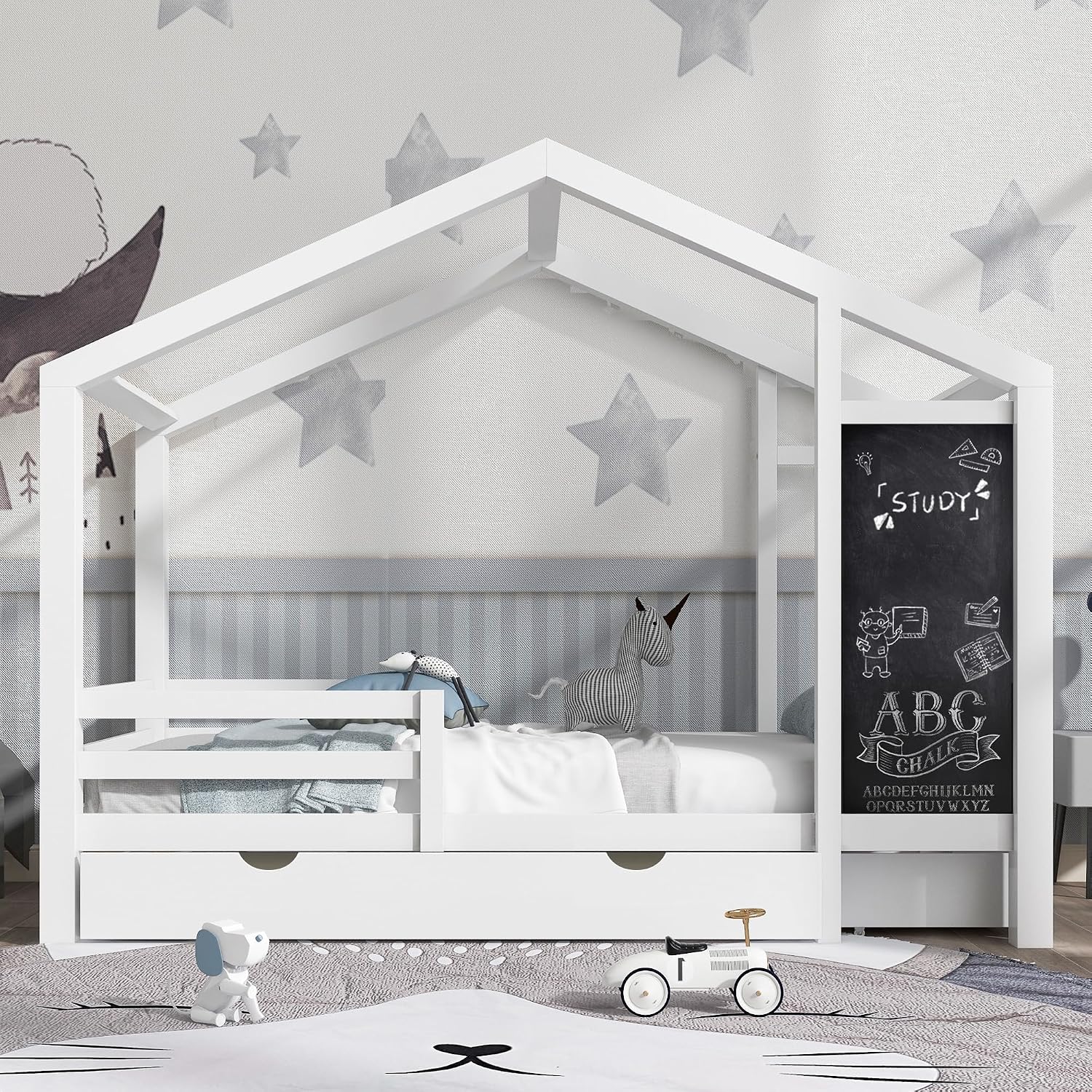 Kids Full House Bed Frame with Blackboard and Storage Drawers, Full-Length Guardrails & Wooden Slats Support,Two Assembly Options for Easy Fun Bedroom Setup for Kids Boys Girls (White, Full)