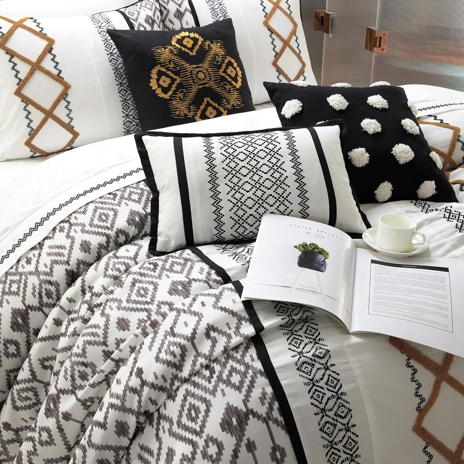 Grand Avenue Black Gold Comforter Set King Size, 15 Piece Terry Embroidery All Season Room-in-A-Bag, Matching Curtains, Sheet Set, Pillows & Shams