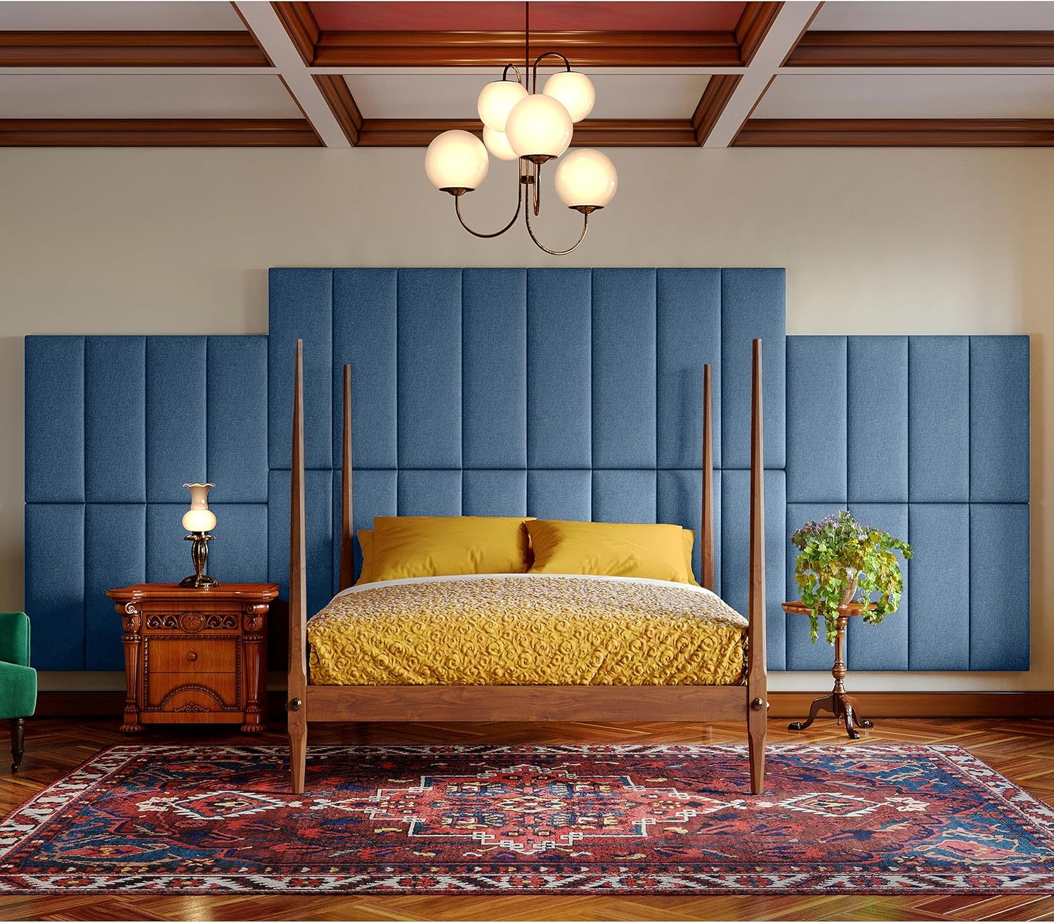 Jaxx Panelist Modern Padded Headboard – Set of 4 Wall Mounted Panels (Each 11.25' x 30') - Queen, Petrol Blue Microvelvet