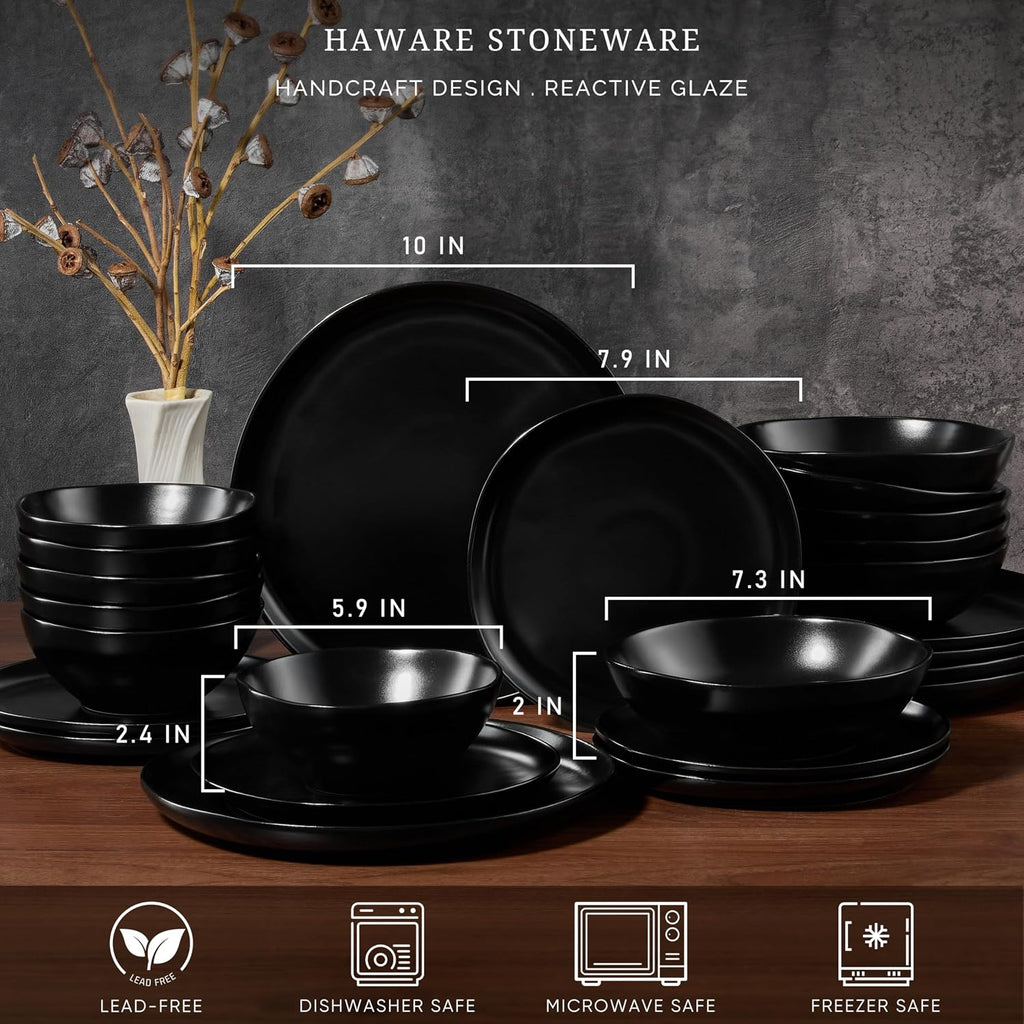 HaWare Plates and Bowls Set, Stoneware Dinnerware Sets, 24-Piece Hand-painted Dishware for 6, Ceramic Dish Set for Home Kitchen, Scratch Resistant, Microwave and Dishwasher Safe, Matte Black